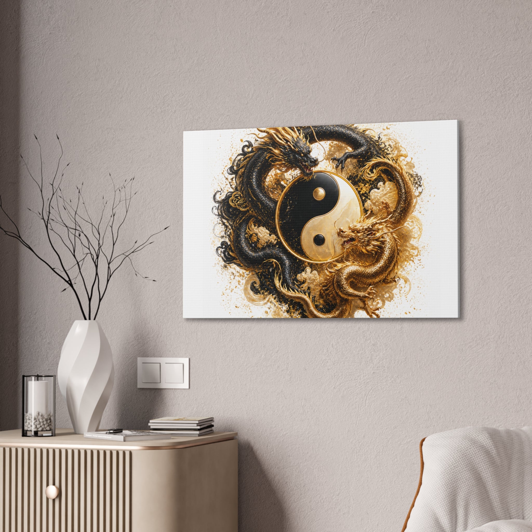 Yin Yang Dragons Canvas Wall Art — Gold & Black Chinese Dragon Print
