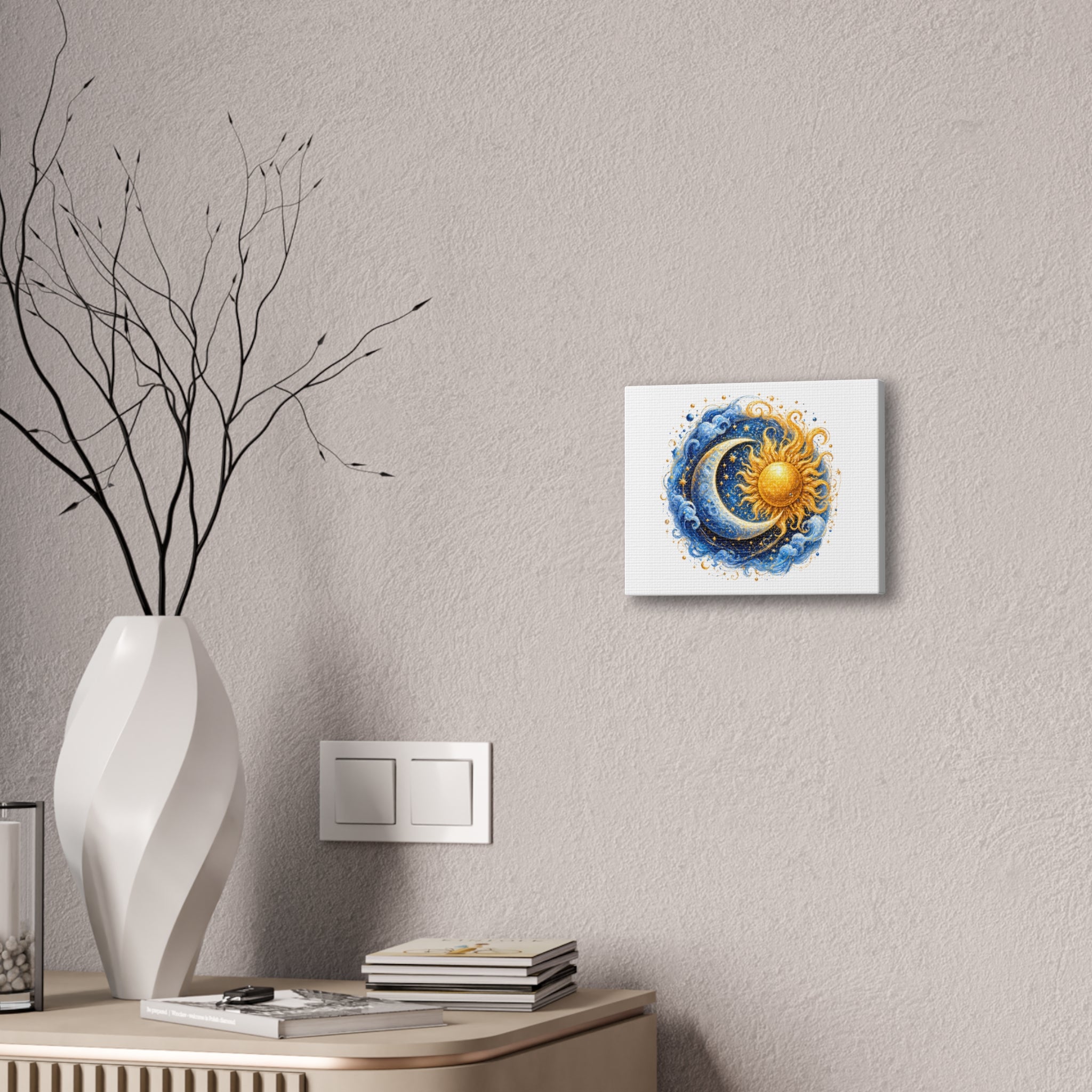 Sun and Moon Wall Art Canvas — Celestial Sun & Crescent Moon Stretched Canvas