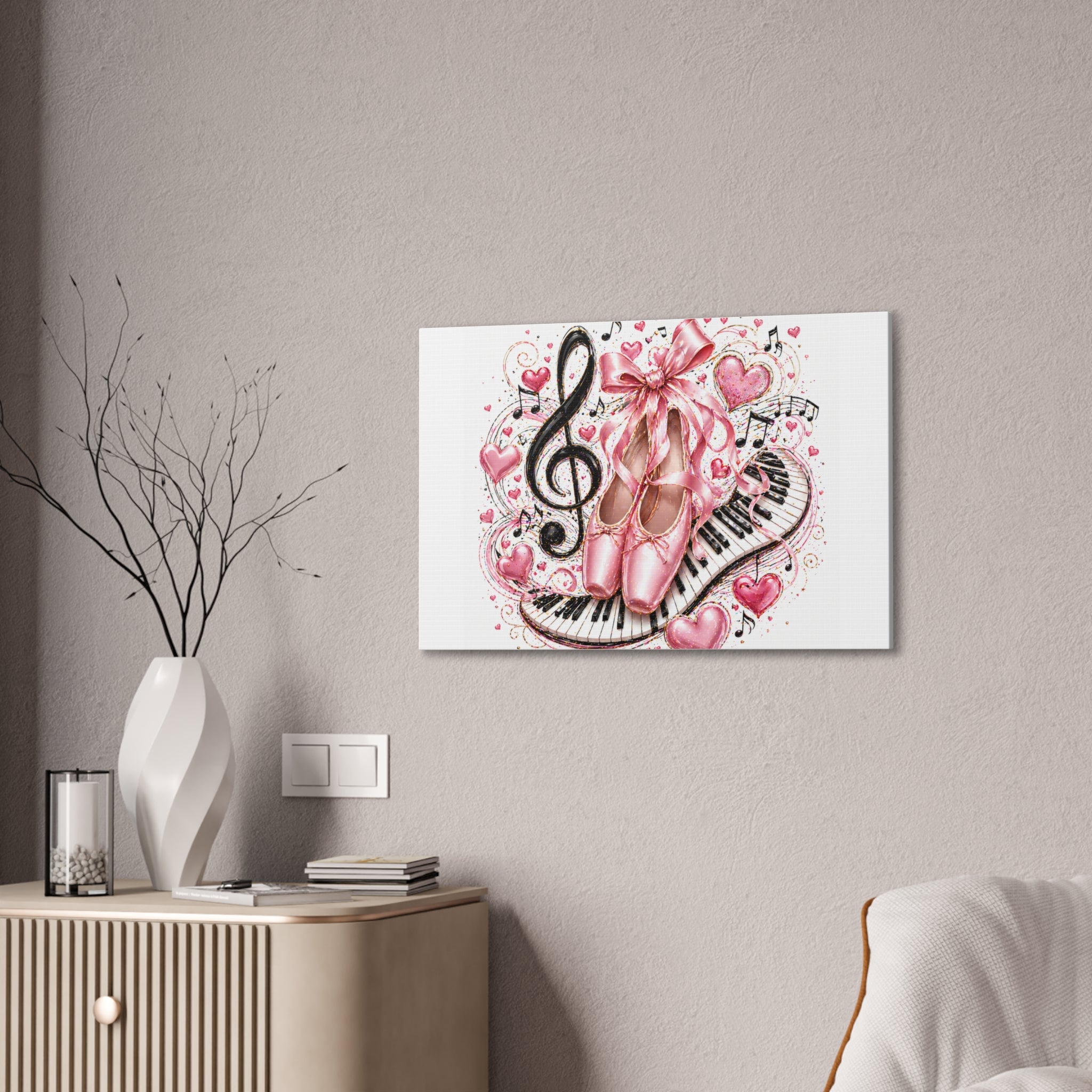 Ballet & Music Canvas Art — Pink Pointe Shoes, Piano Keys & Treble Clef Wall Decor
