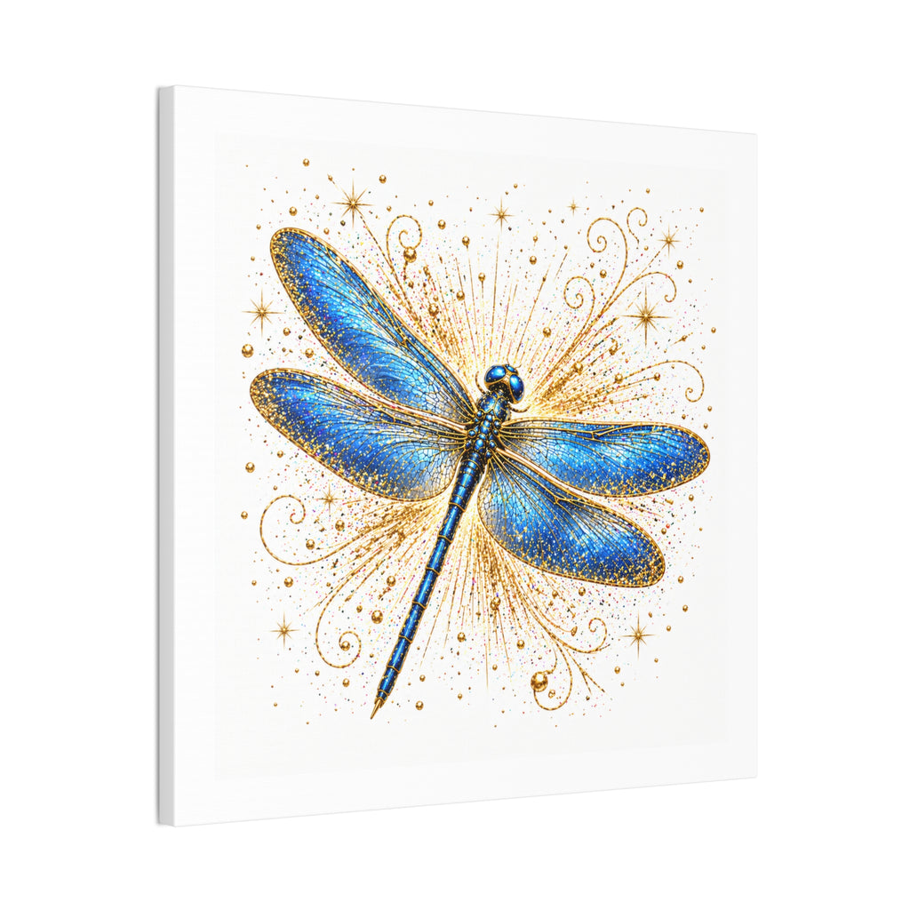 Blue Dragonfly Canvas Wall Art - Sparkling Gold Accents, Stretched 0.75"