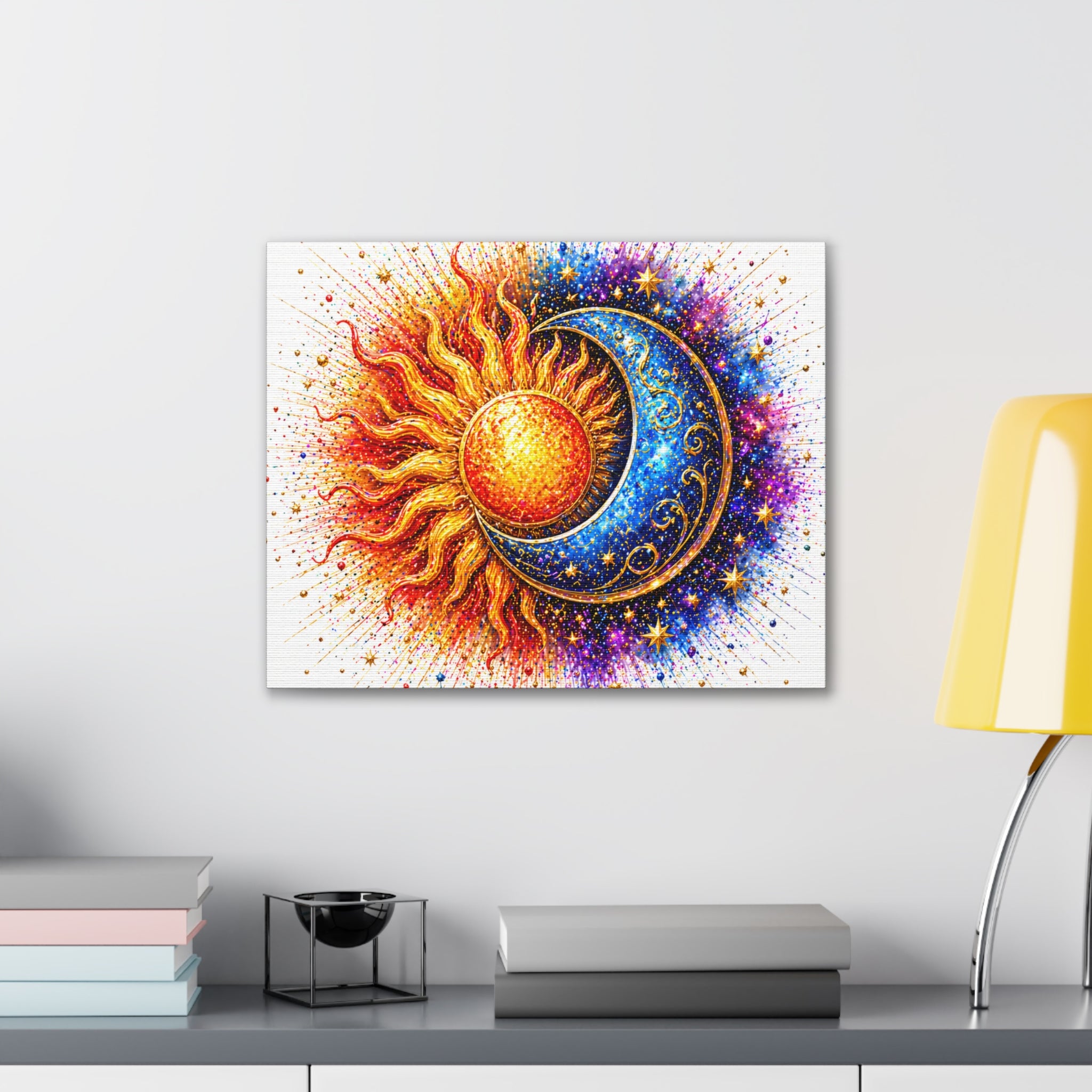 Sun and Moon Wall Art Canvas – Vibrant Celestial Sun & Crescent Moon Stretched Canvas