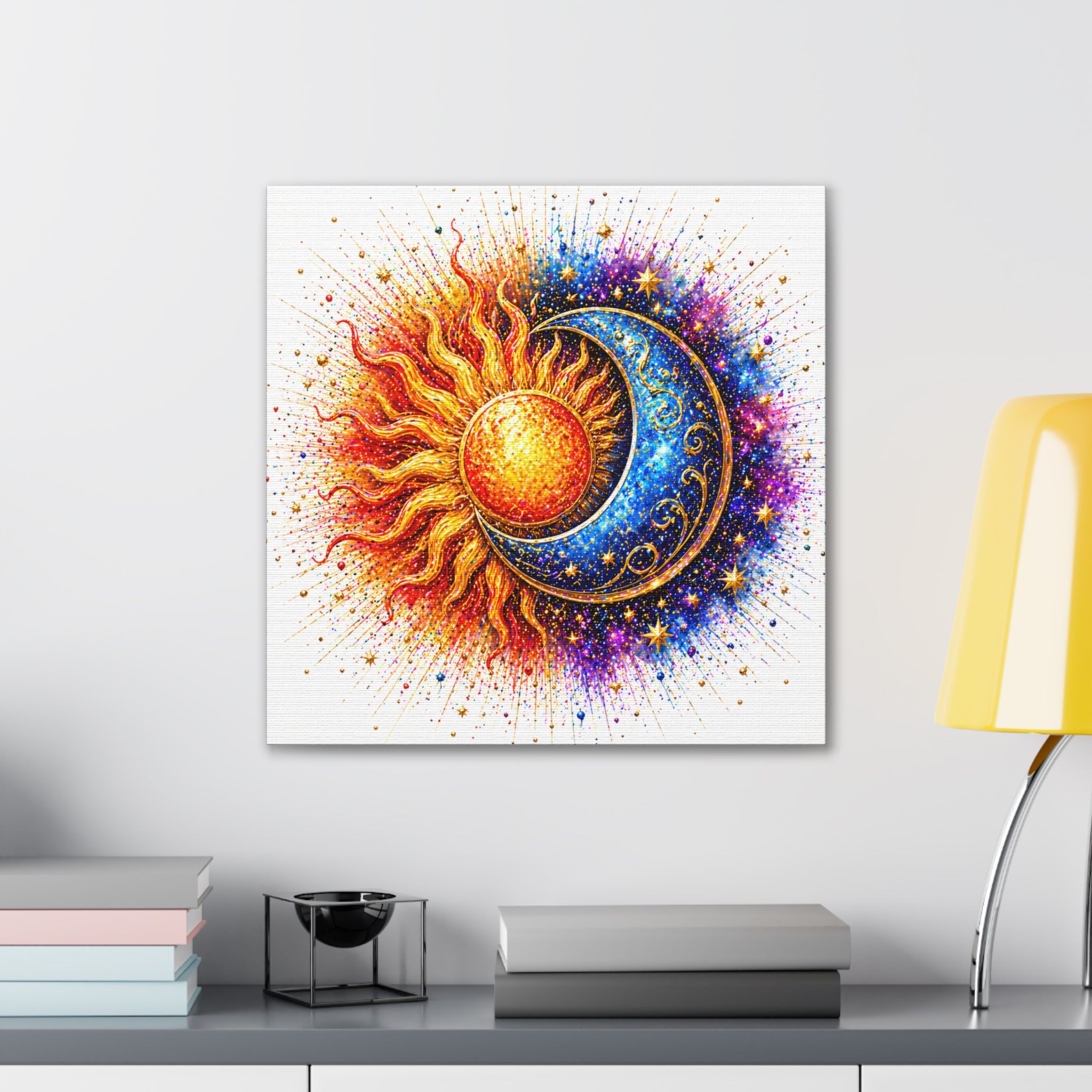 Sun and Moon Wall Art Canvas – Vibrant Celestial Sun & Crescent Moon Stretched Canvas