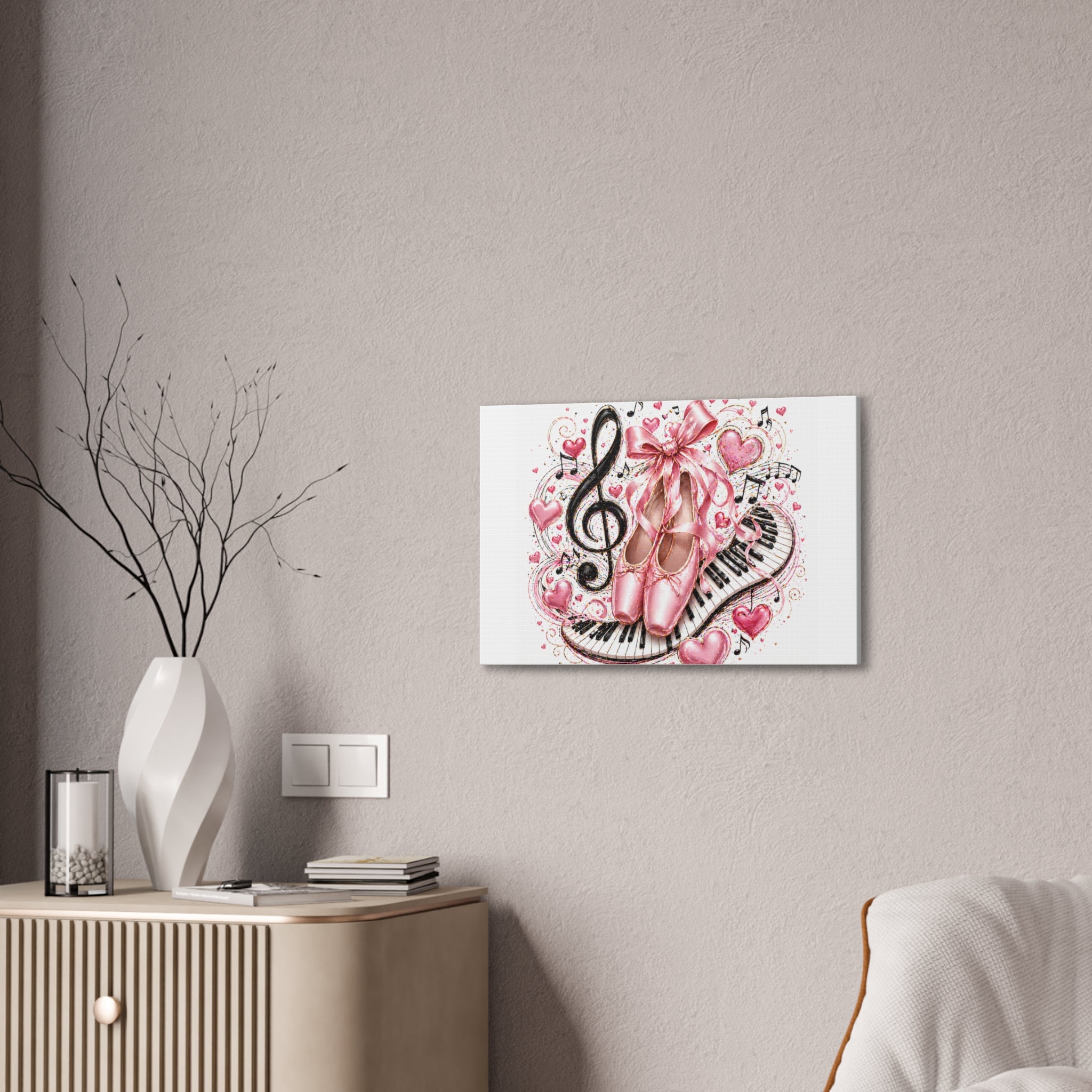 Ballet & Music Canvas Art — Pink Pointe Shoes, Piano Keys & Treble Clef Wall Decor