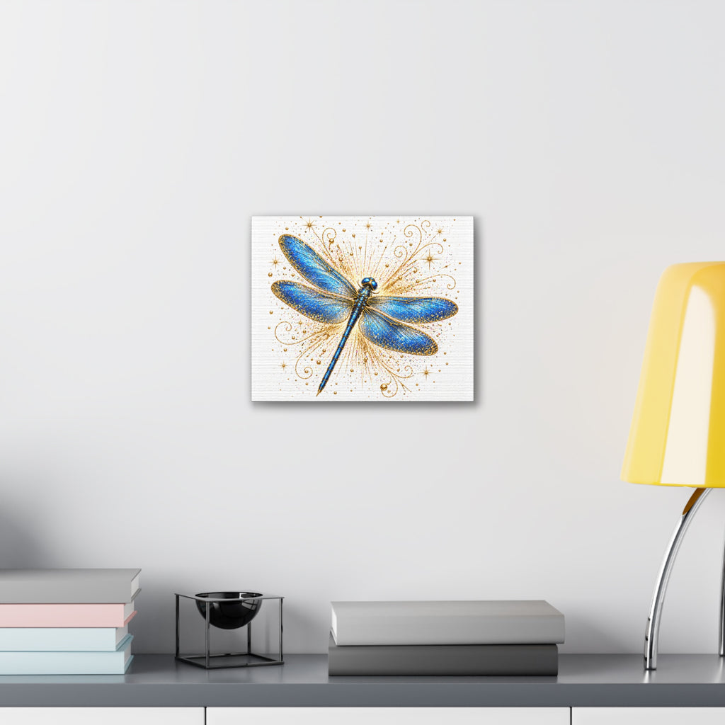 Blue Dragonfly Canvas Wall Art - Sparkling Gold Accents, Stretched 0.75"