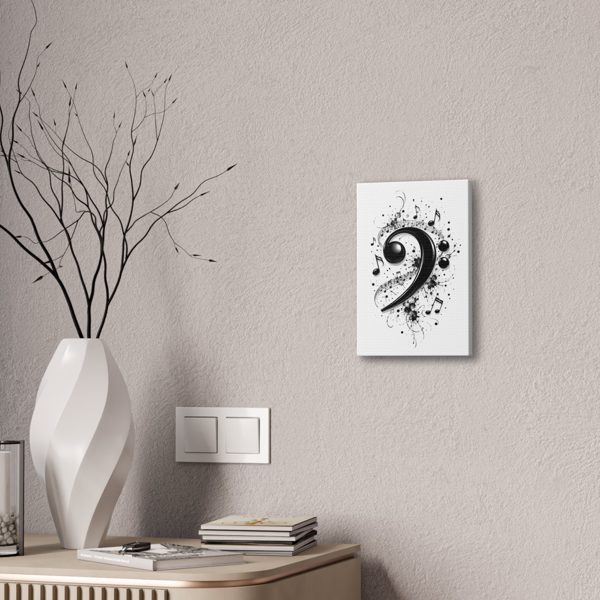 Bass Clef Music Canvas Wall Art — Black & White Musical Notes Print