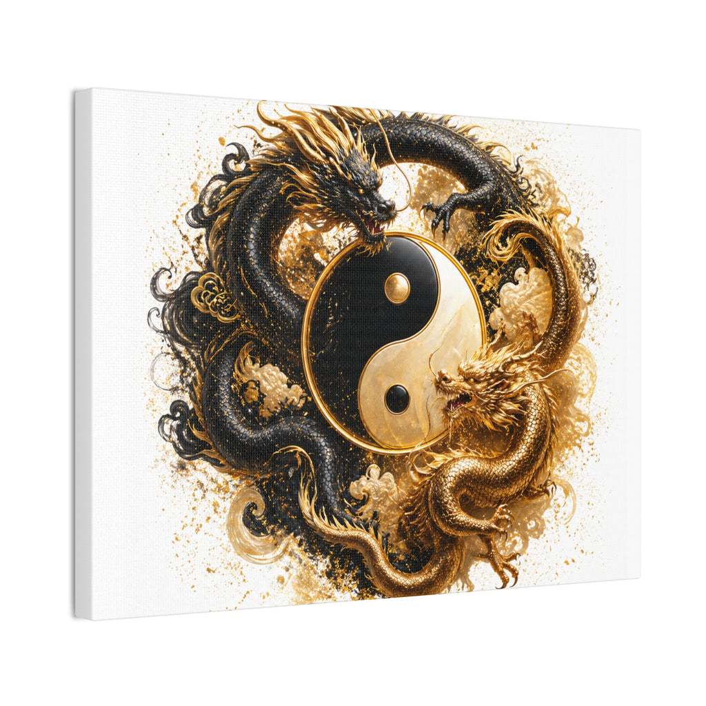 Yin Yang Dragons Canvas Wall Art — Gold & Black Chinese Dragon Print
