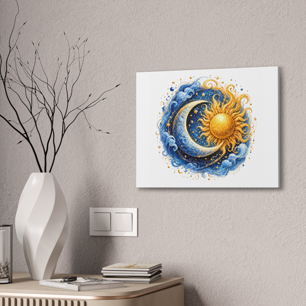 Sun and Moon Wall Art Canvas — Celestial Sun & Crescent Moon Stretched Canvas