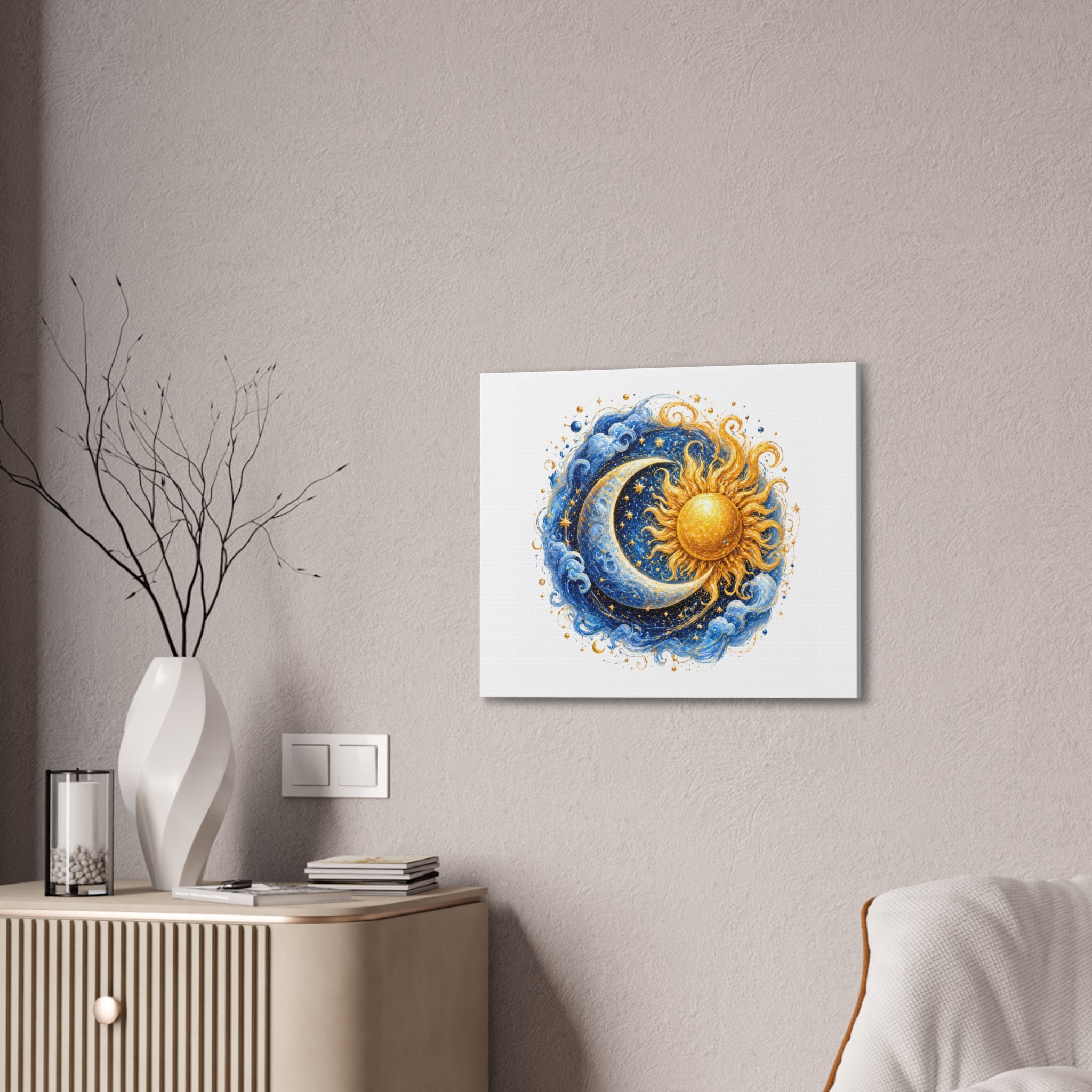 Sun and Moon Wall Art Canvas — Celestial Sun & Crescent Moon Stretched Canvas