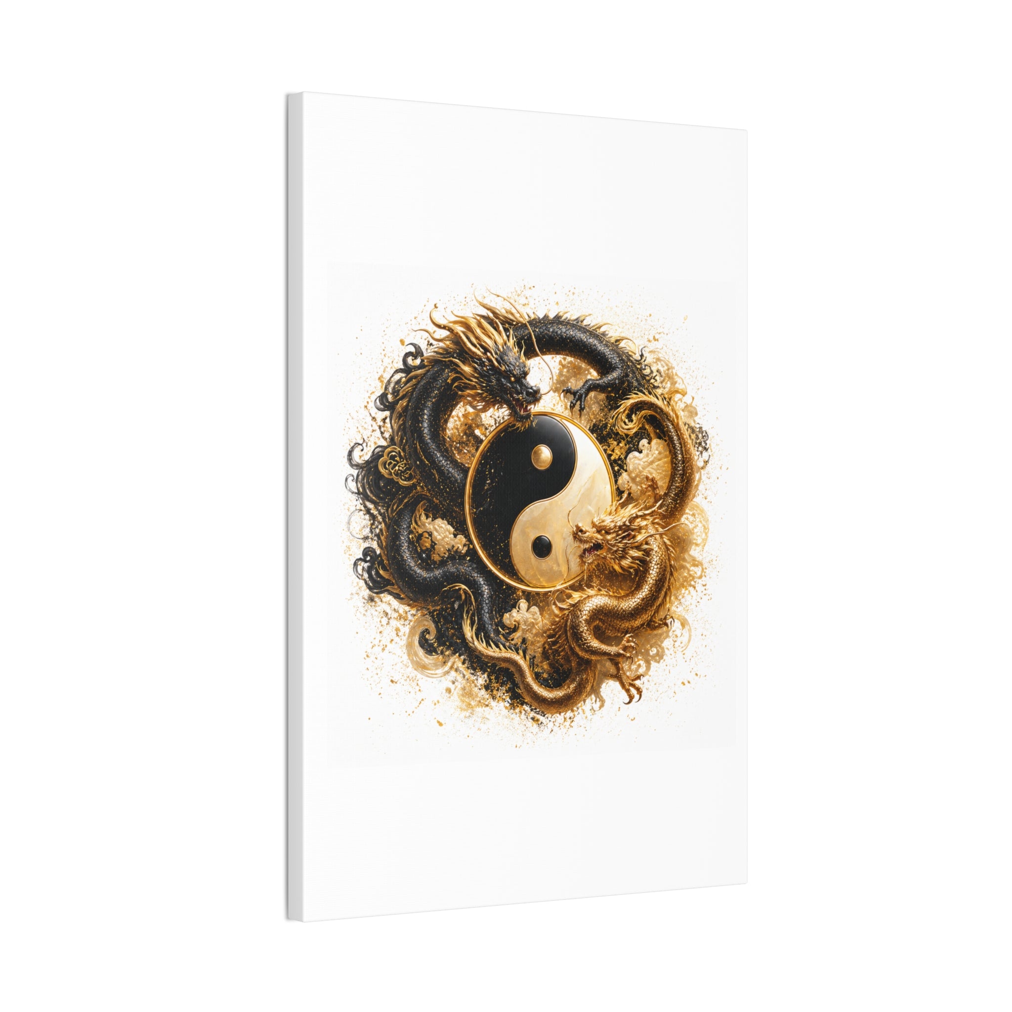 Yin Yang Dragons Canvas Wall Art — Gold & Black Chinese Dragon Print