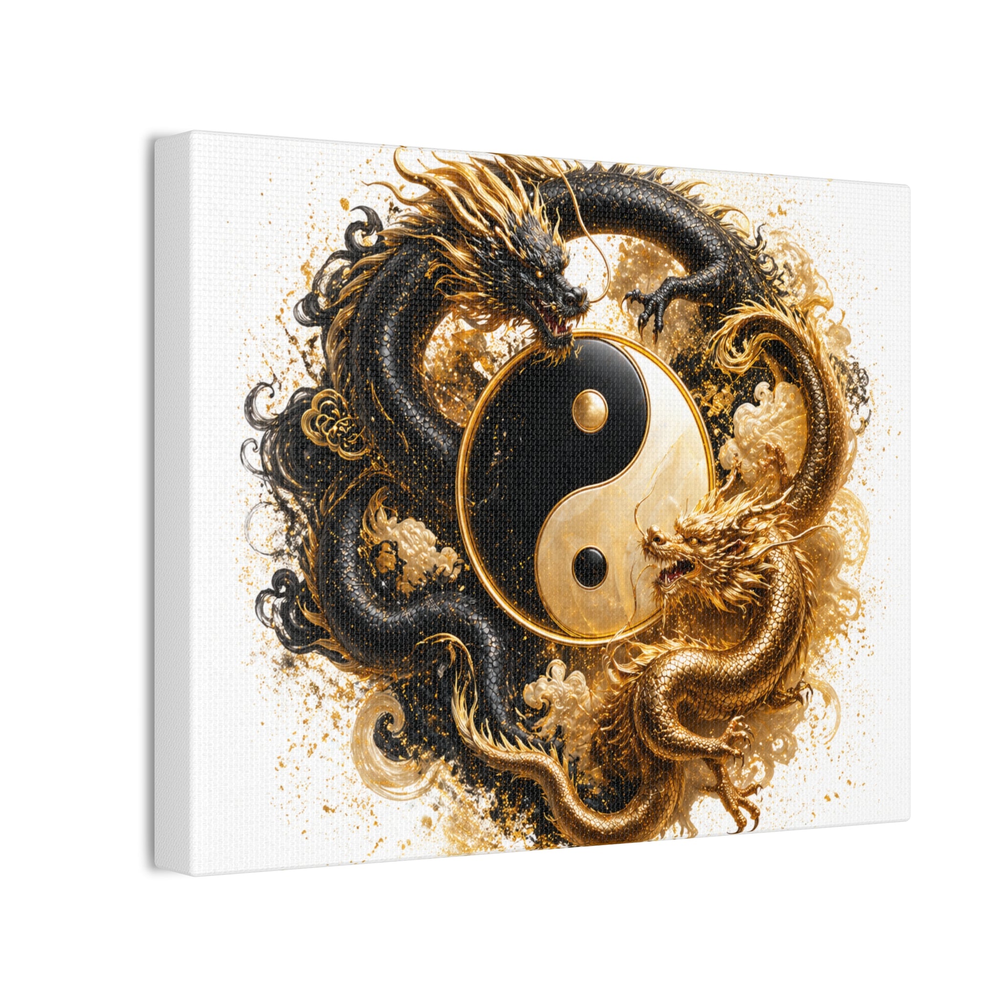 Yin Yang Dragons Canvas Wall Art — Gold & Black Chinese Dragon Print