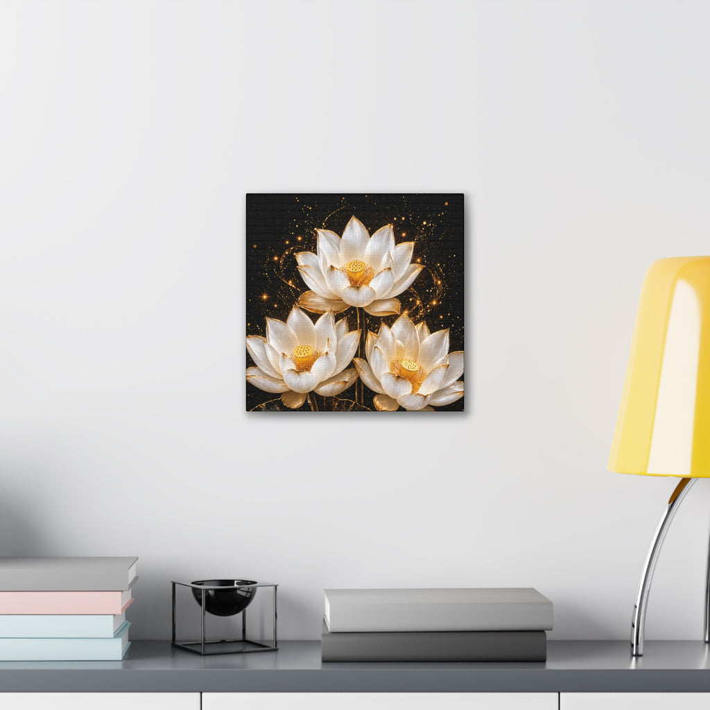 Gold and White Triple Lotus Floral Canvas Wall Art - Stretched 0.75"