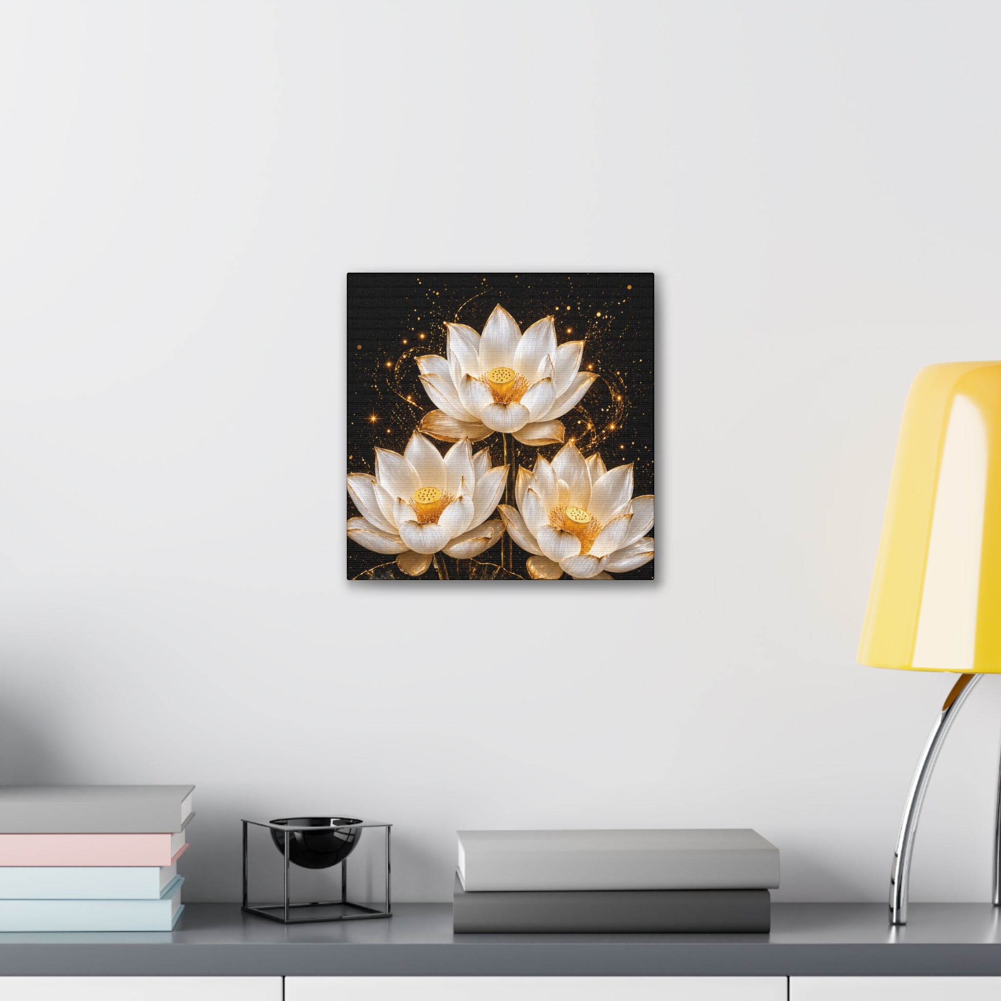 Gold and White Triple Lotus Floral Canvas Wall Art - Stretched 0.75"
