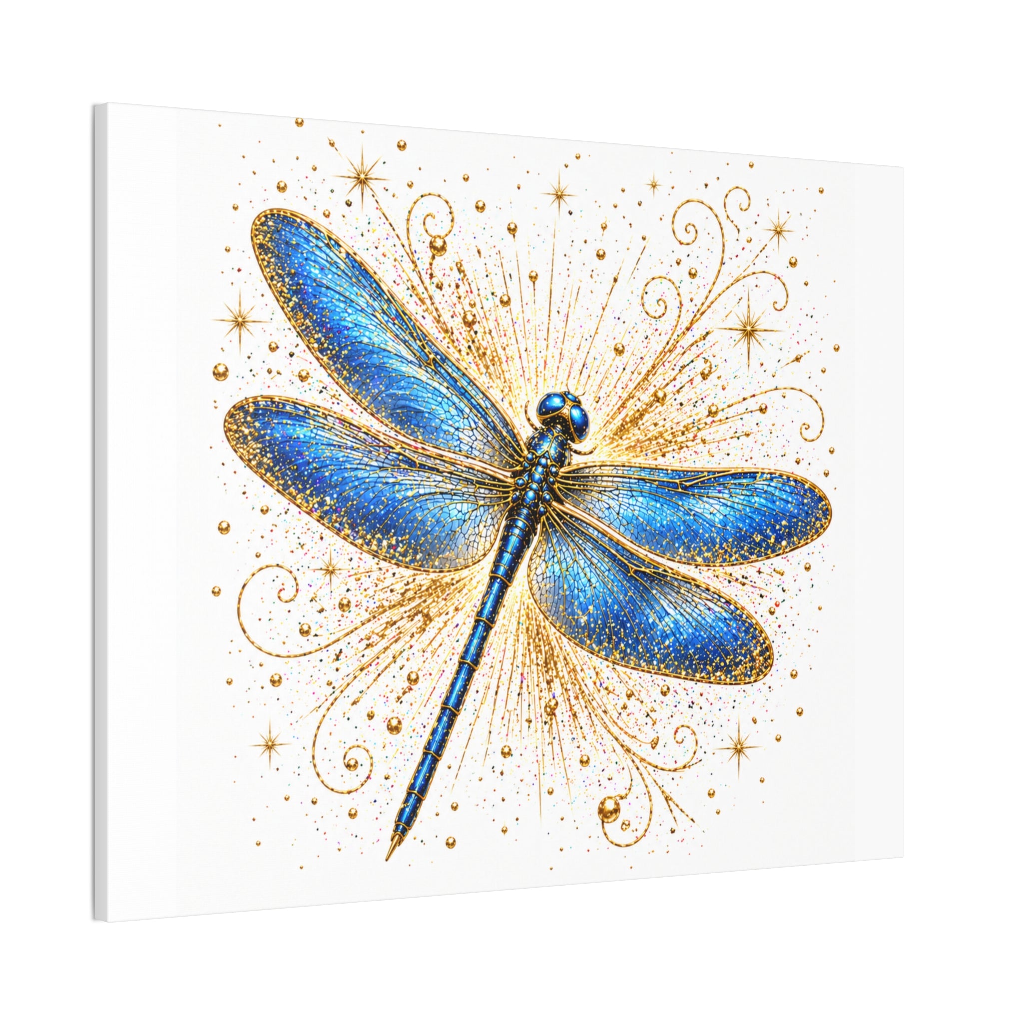 Blue Dragonfly Canvas Wall Art - Sparkling Gold Accents, Stretched 0.75"