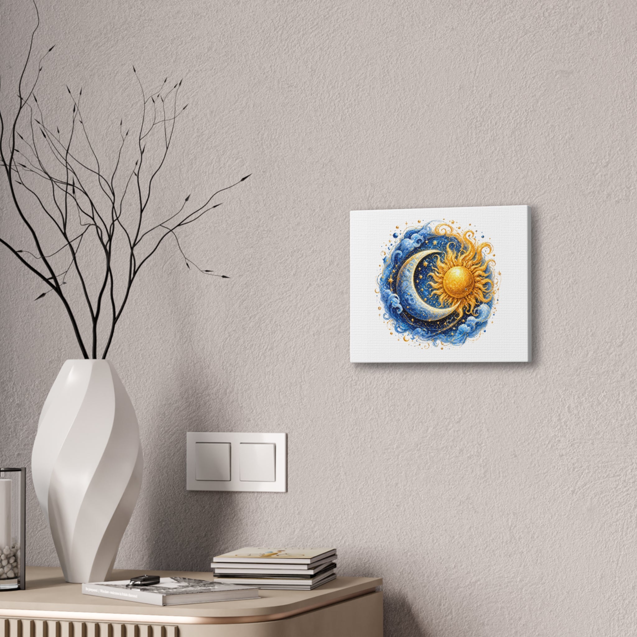 Sun and Moon Wall Art Canvas — Celestial Sun & Crescent Moon Stretched Canvas
