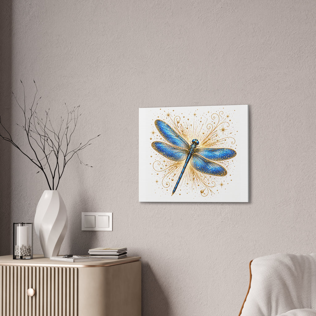 Blue Dragonfly Canvas Wall Art - Sparkling Gold Accents, Stretched 0.75"