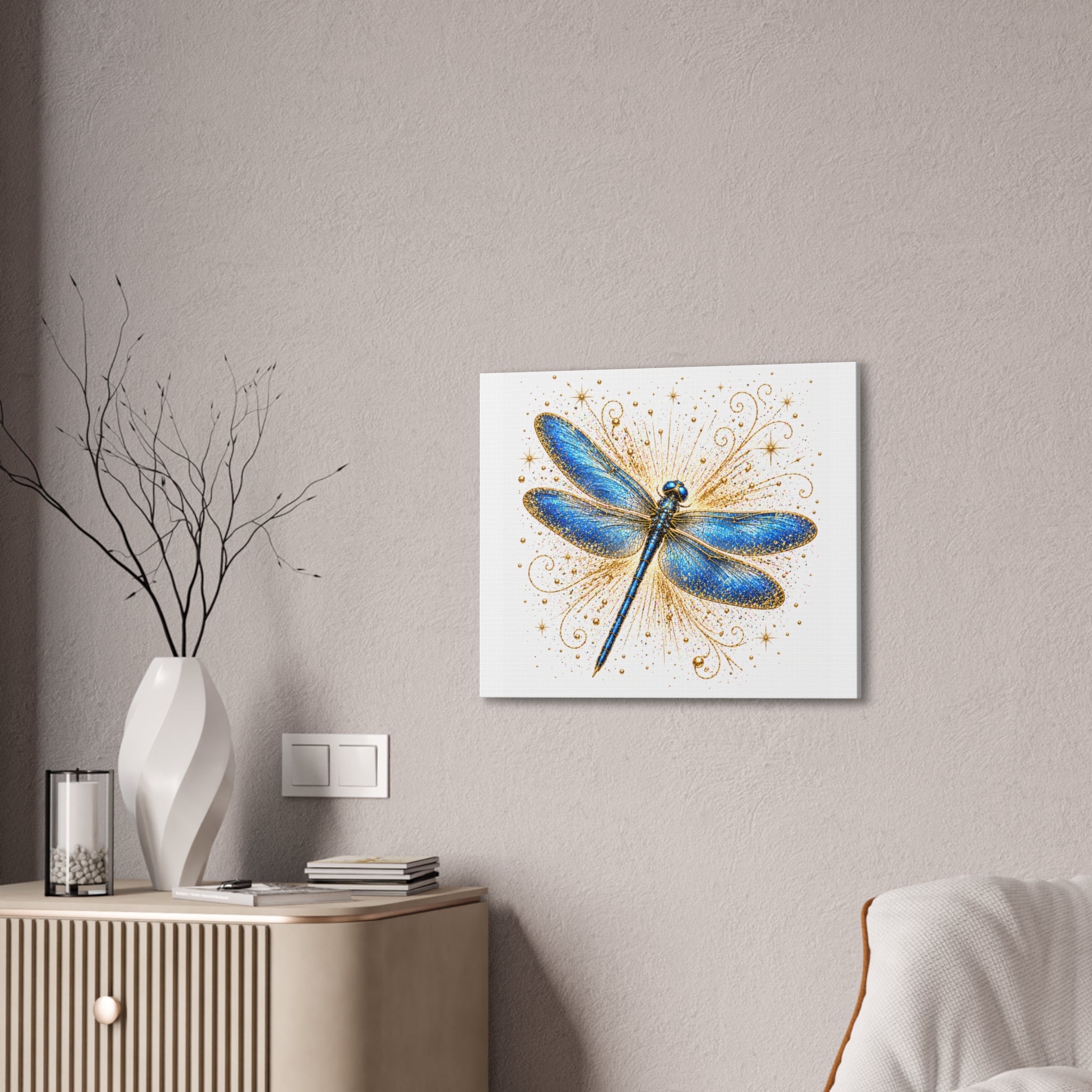 Blue Dragonfly Canvas Wall Art - Sparkling Gold Accents, Stretched 0.75"
