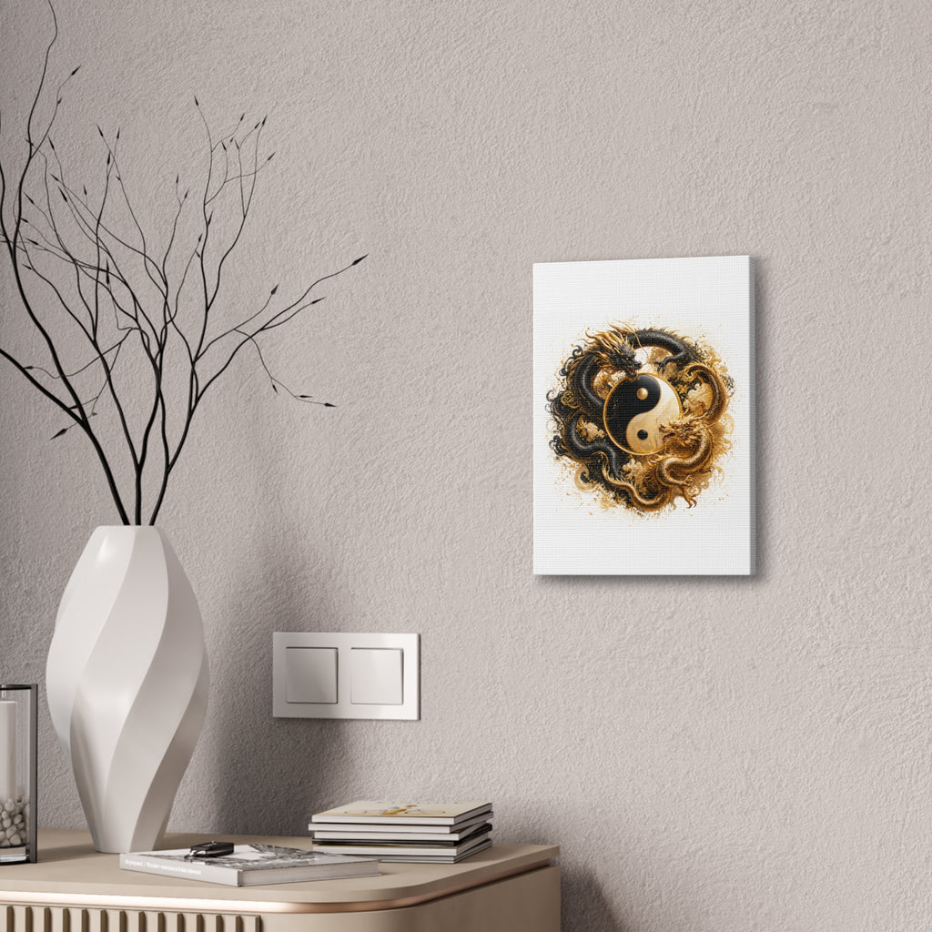 Yin Yang Dragons Canvas Wall Art — Gold & Black Chinese Dragon Print