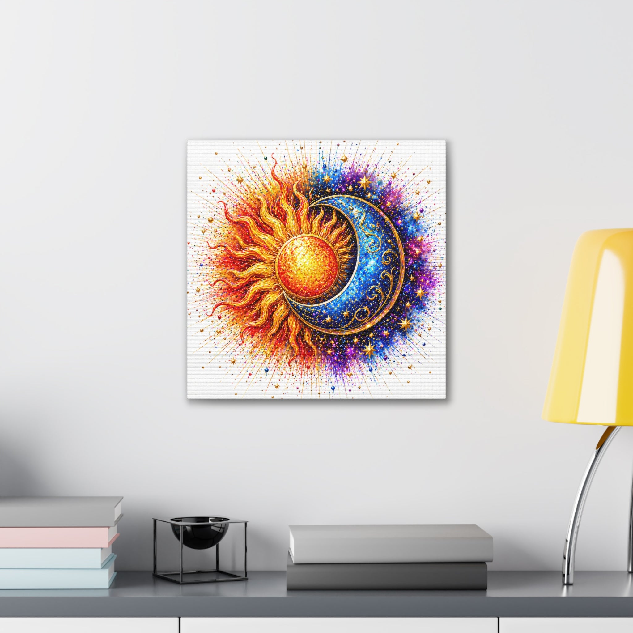 Sun and Moon Wall Art Canvas – Vibrant Celestial Sun & Crescent Moon Stretched Canvas