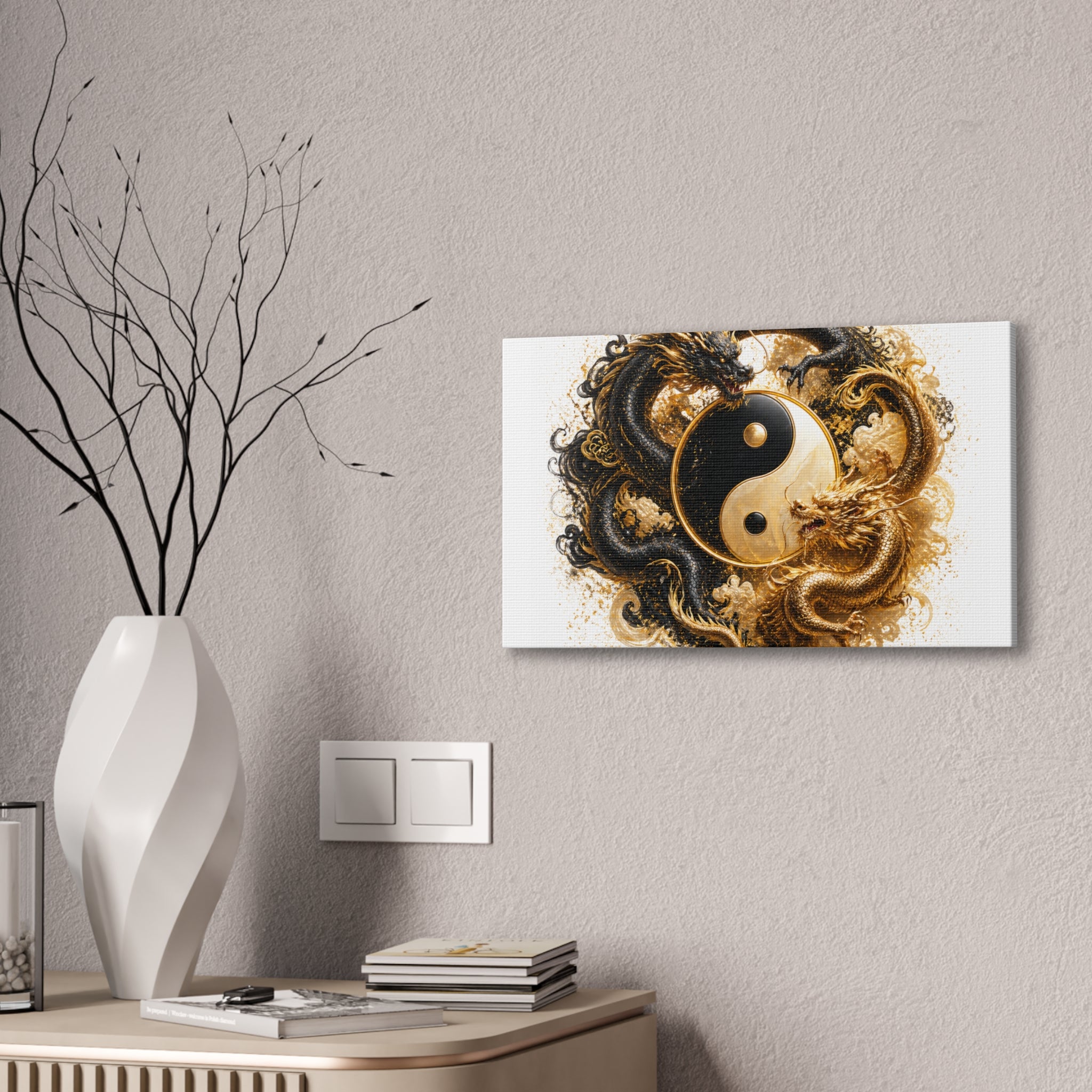Yin Yang Dragons Canvas Wall Art — Gold & Black Chinese Dragon Print
