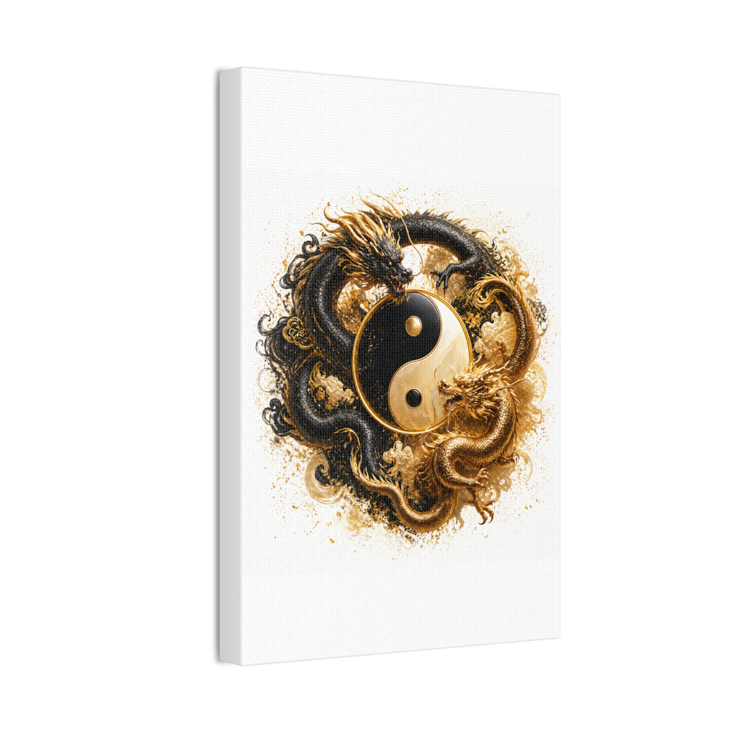 Yin Yang Dragons Canvas Wall Art — Gold & Black Chinese Dragon Print