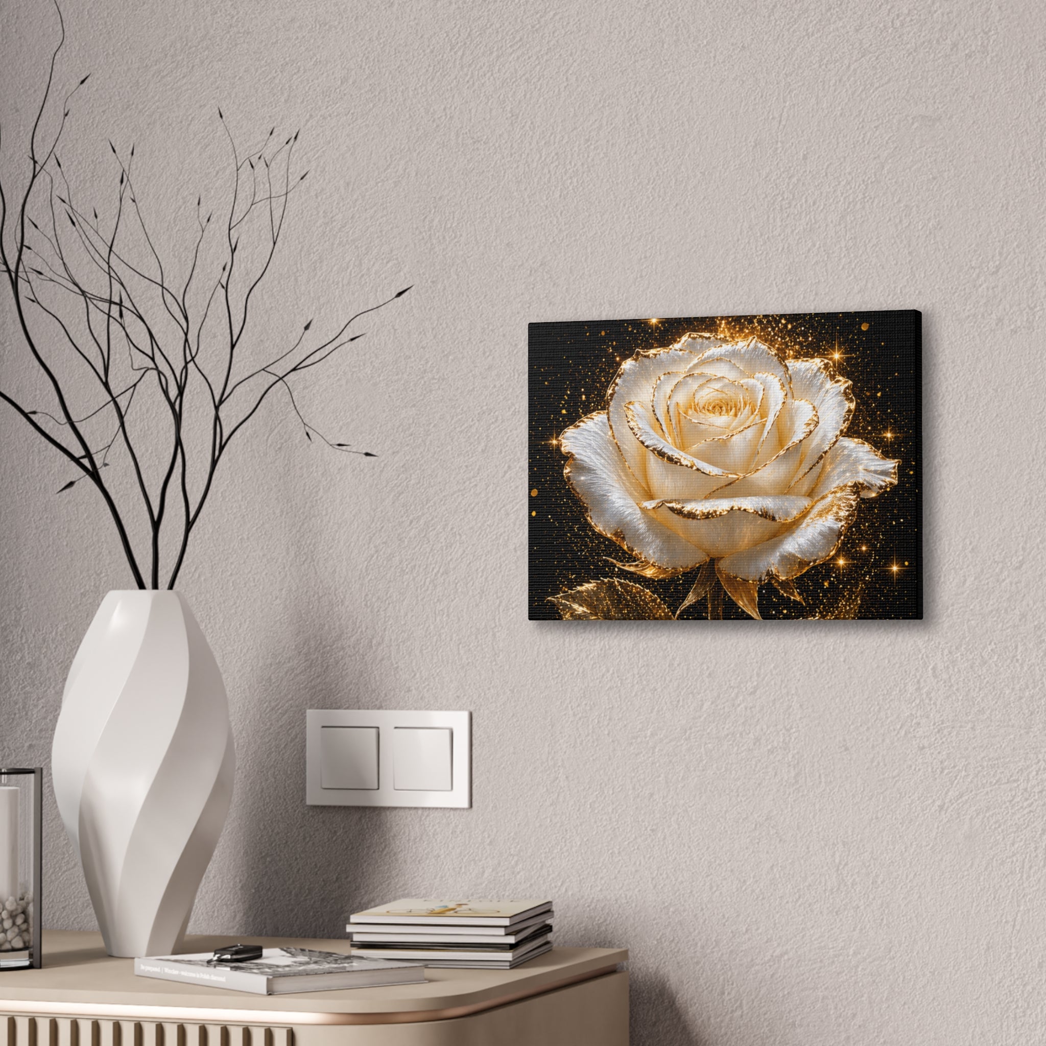 Golden Sparkle Rose Canvas Print — Glam Floral Wall Art