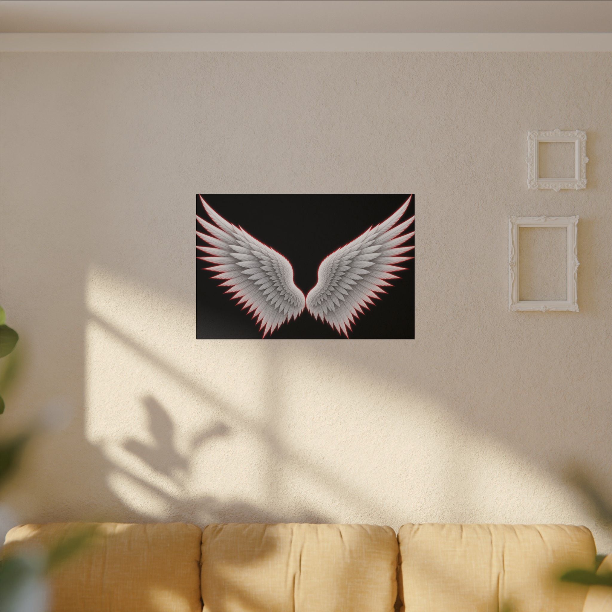 Angel Wings Wall Art Canvas — White Feather Wings on Black Matte Stretched Canvas