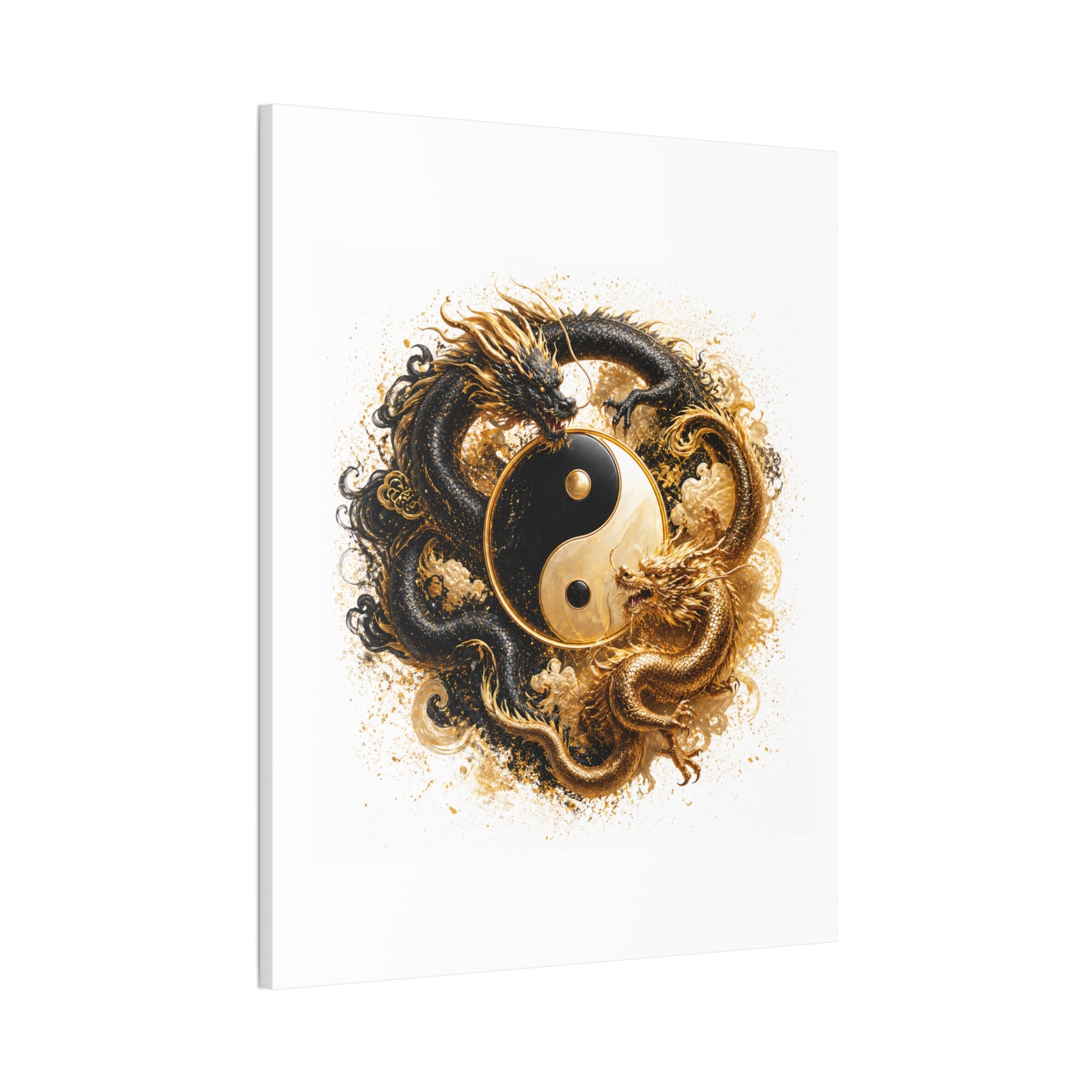 Yin Yang Dragons Canvas Wall Art — Gold & Black Chinese Dragon Print