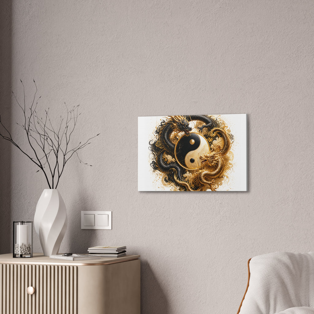 Yin Yang Dragons Canvas Wall Art — Gold & Black Chinese Dragon Print