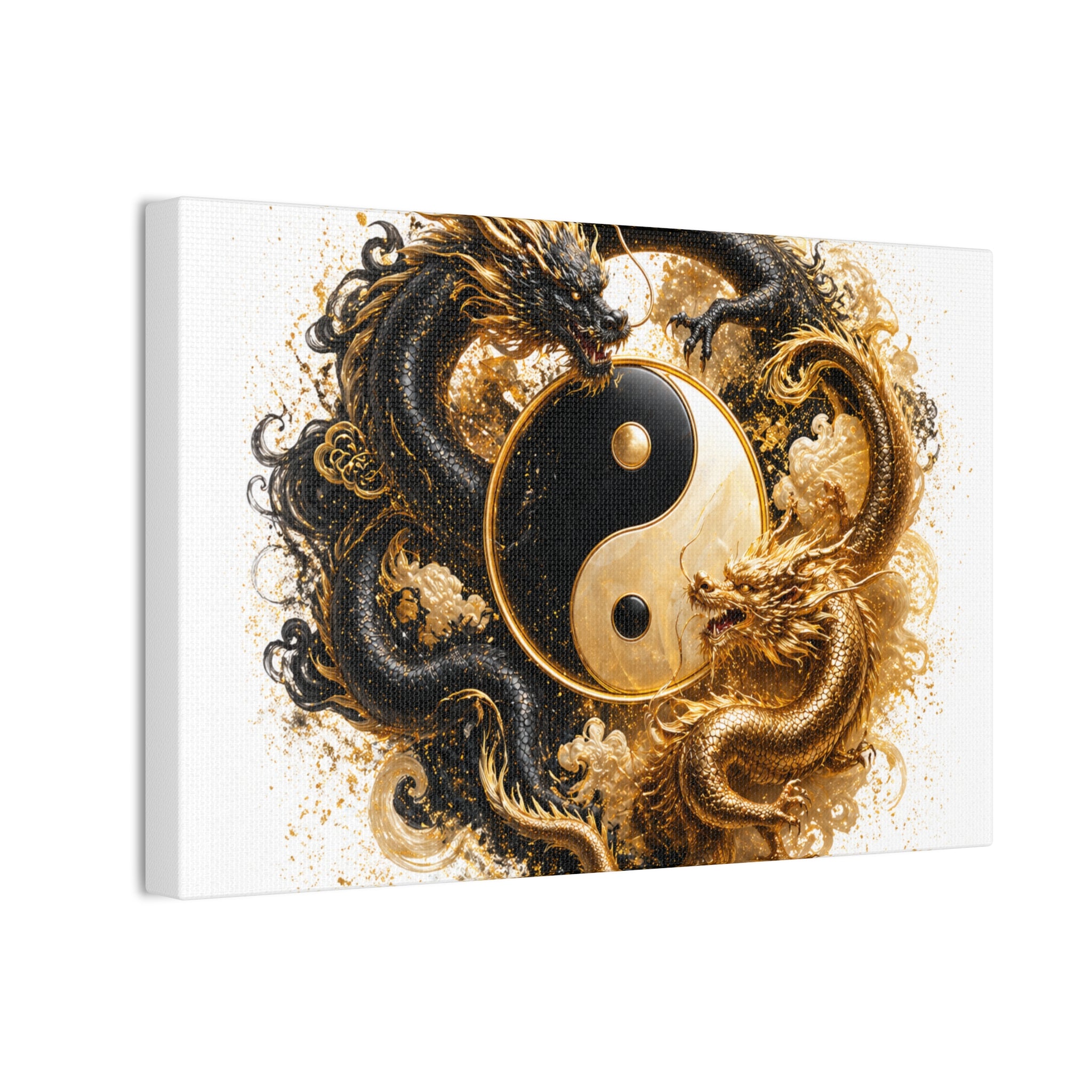 Yin Yang Dragons Canvas Wall Art — Gold & Black Chinese Dragon Print