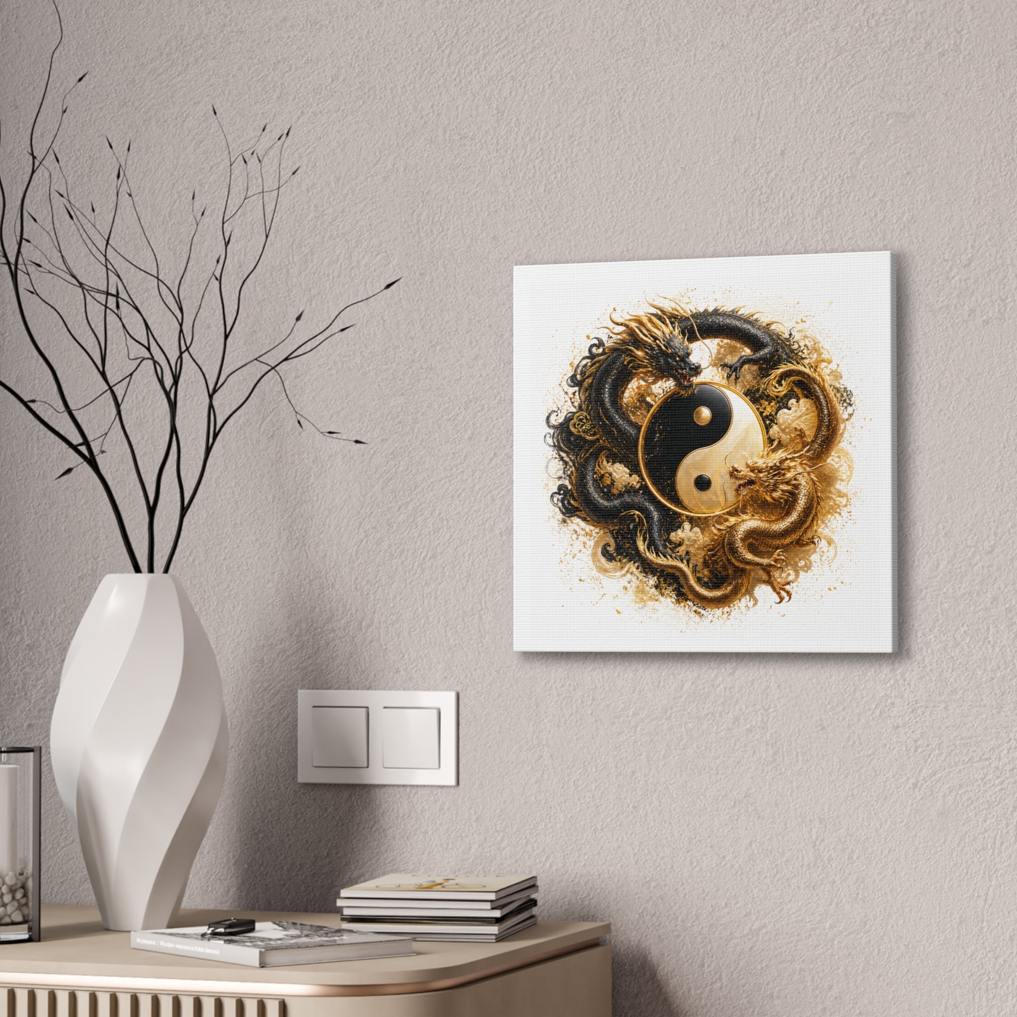 Yin Yang Dragons Canvas Wall Art — Gold & Black Chinese Dragon Print