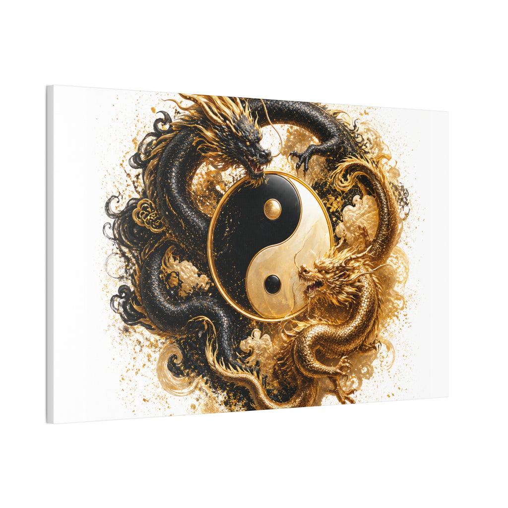 Yin Yang Dragons Canvas Wall Art — Gold & Black Chinese Dragon Print