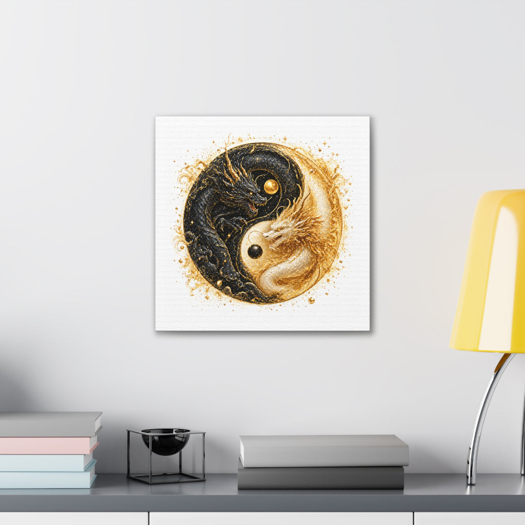 Yin Yang Dragon Canvas Print — Gold & Black Fantasy Wall Art
