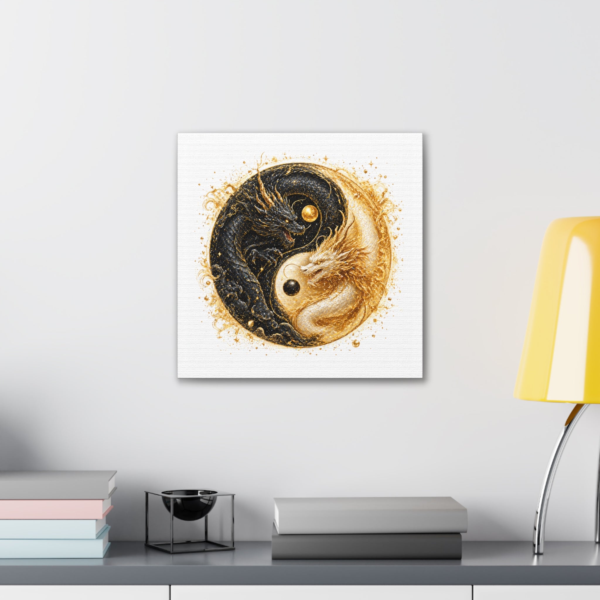 Yin Yang Dragon Canvas Print — Gold & Black Fantasy Wall Art