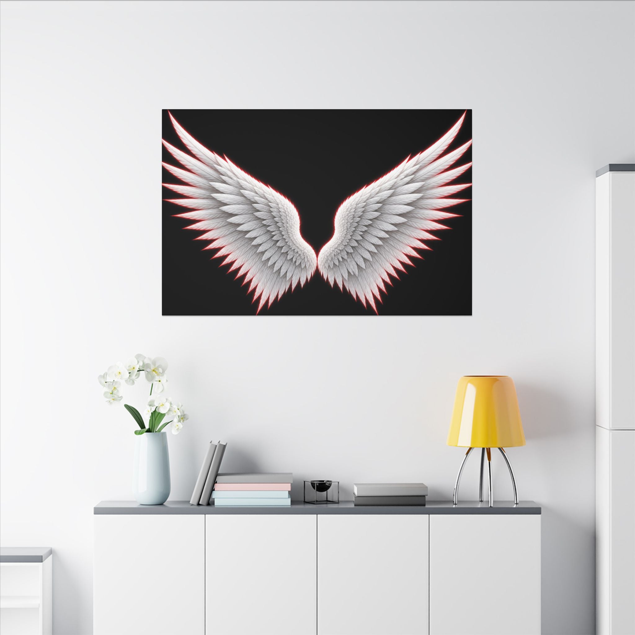 Angel Wings Wall Art Canvas — White Feather Wings on Black Matte Stretched Canvas