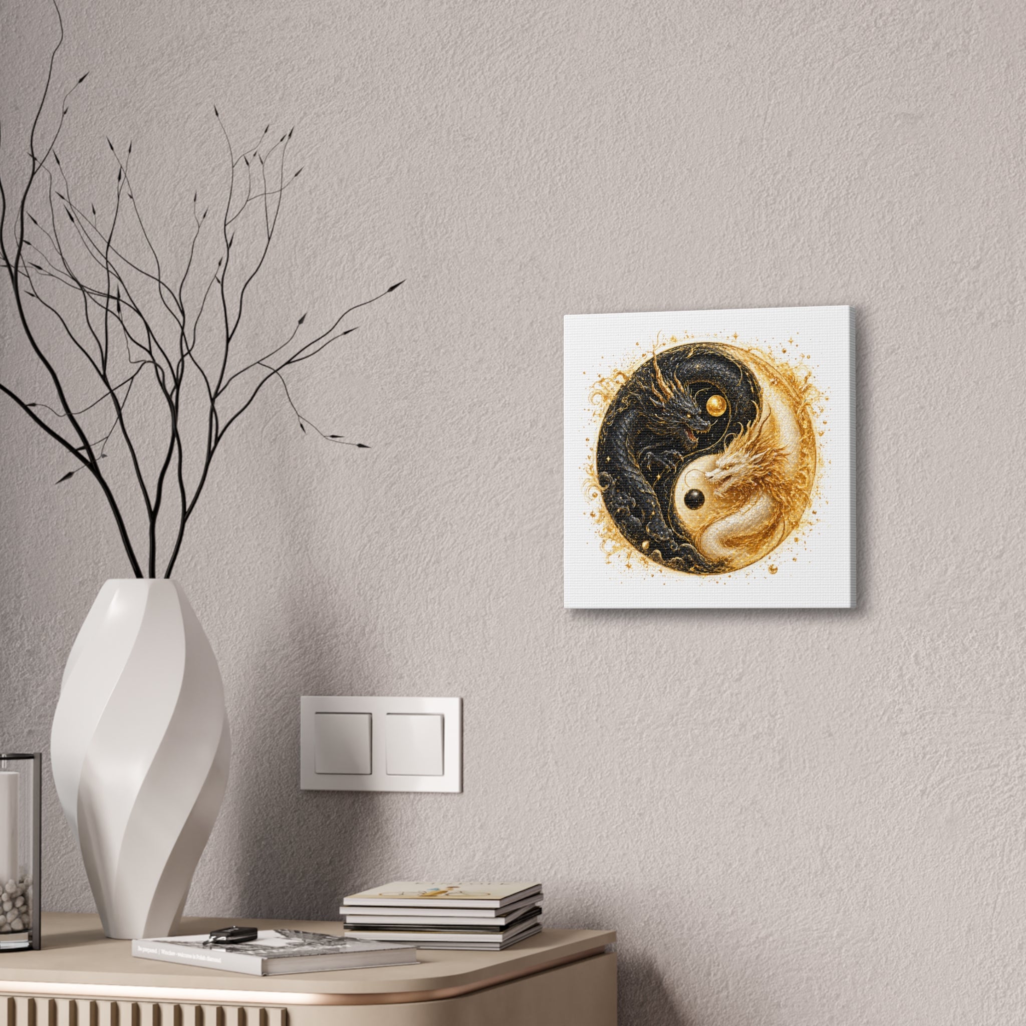Yin Yang Dragon Canvas Print — Gold & Black Fantasy Wall Art