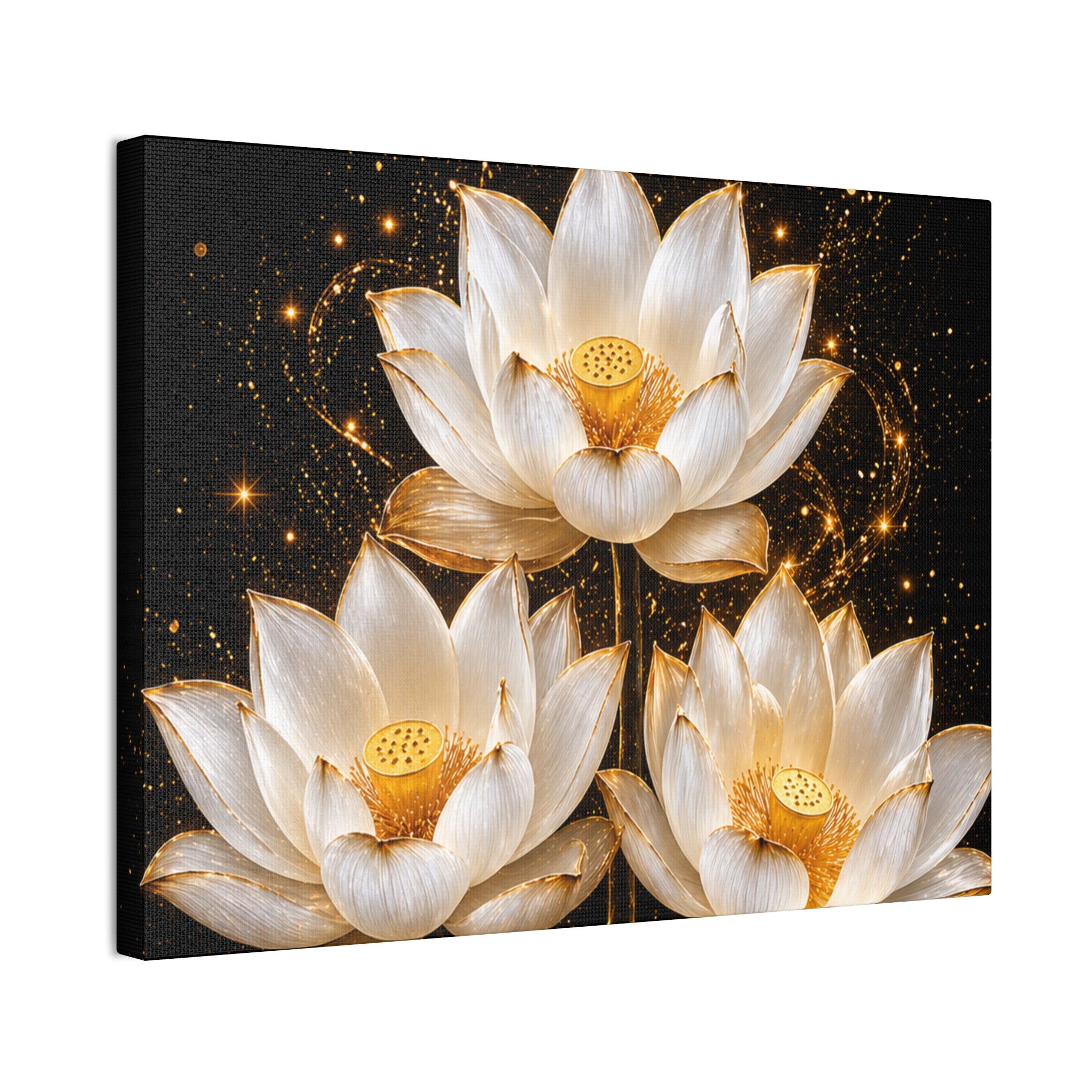 Gold and White Triple Lotus Floral Canvas Wall Art - Stretched 0.75"