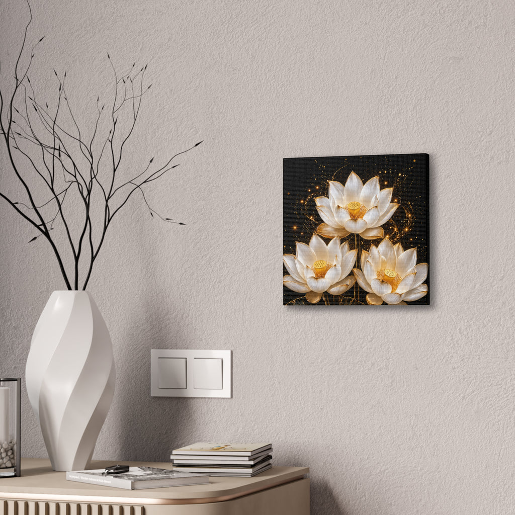 Gold and White Triple Lotus Floral Canvas Wall Art - Stretched 0.75"