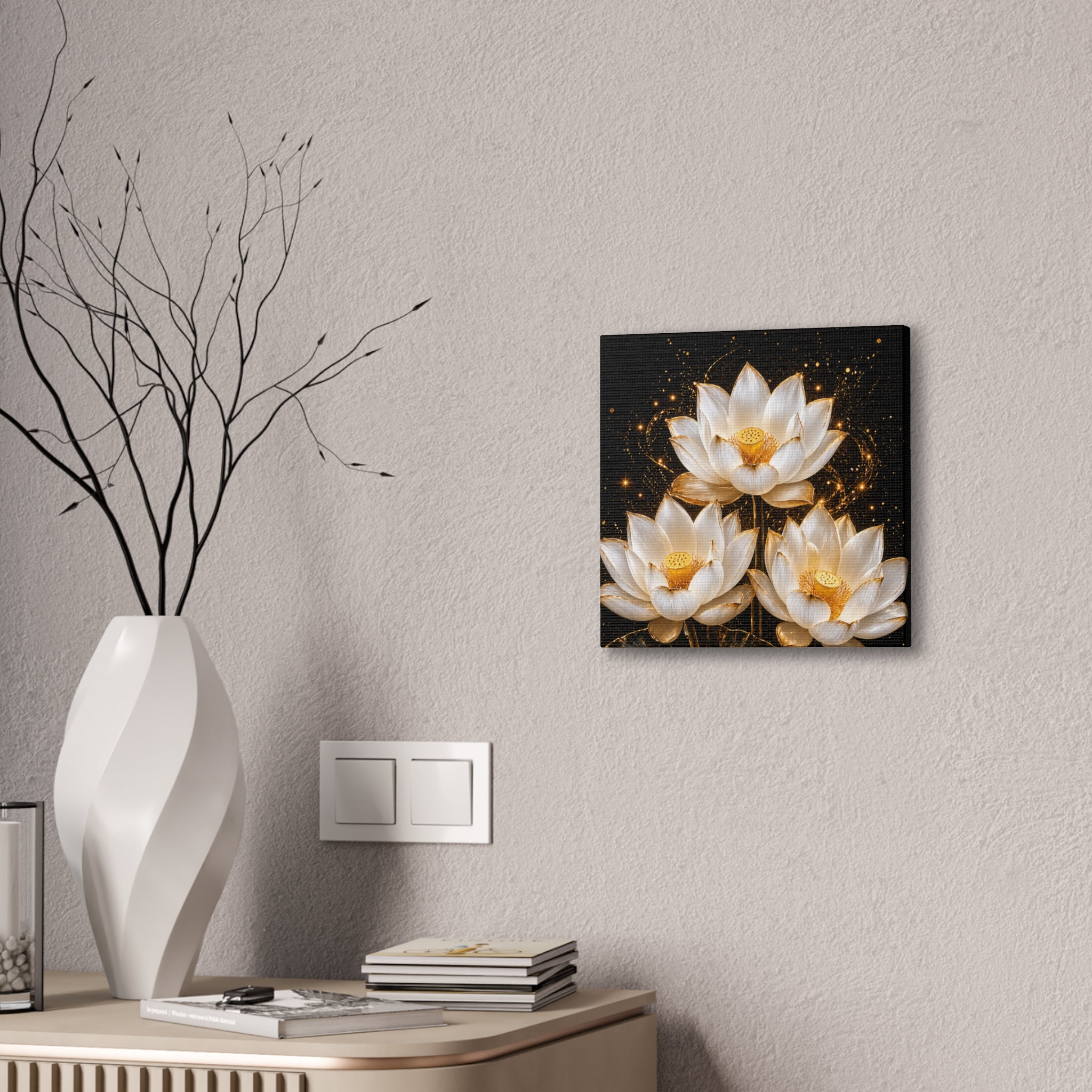 Gold and White Triple Lotus Floral Canvas Wall Art - Stretched 0.75"
