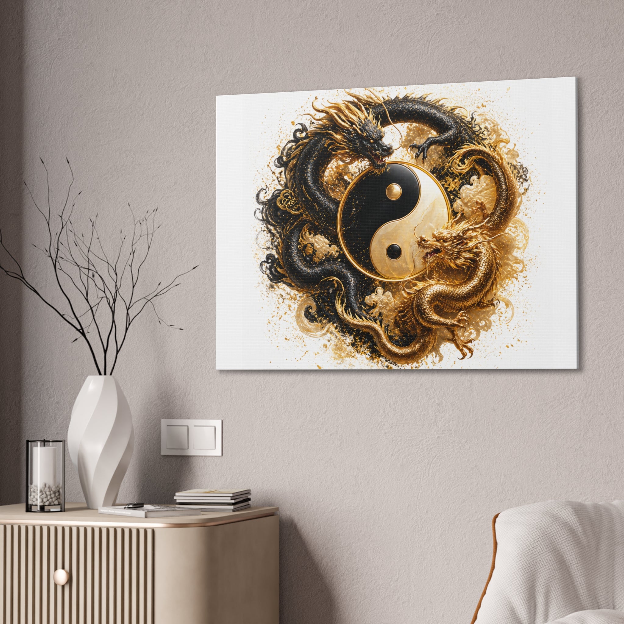 Yin Yang Dragons Canvas Wall Art — Gold & Black Chinese Dragon Print