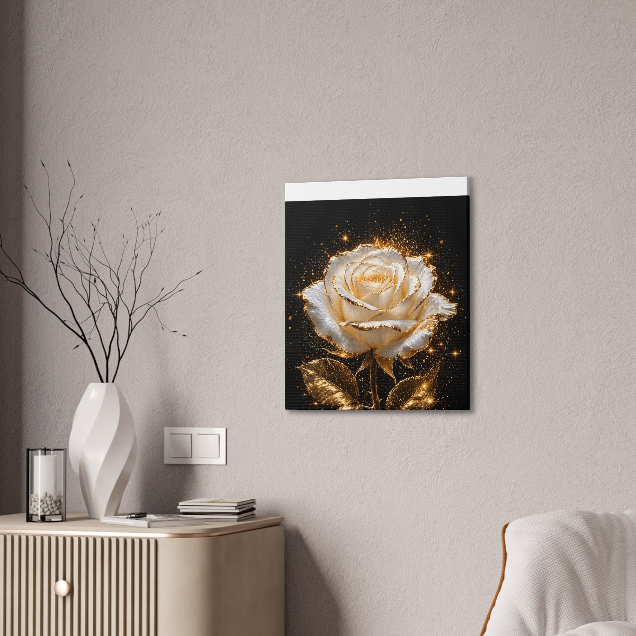 Golden Sparkle Rose Canvas Print — Glam Floral Wall Art