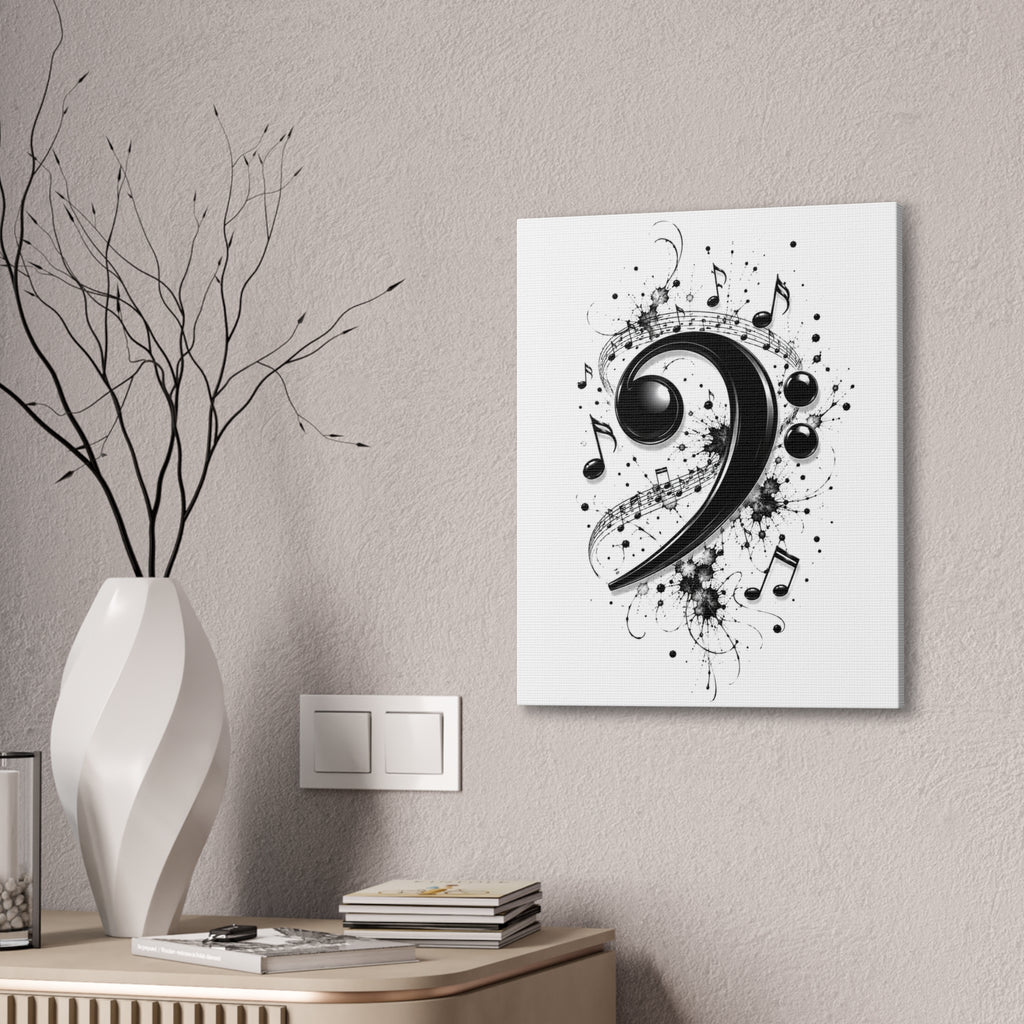 Bass Clef Music Canvas Wall Art — Black & White Musical Notes Print
