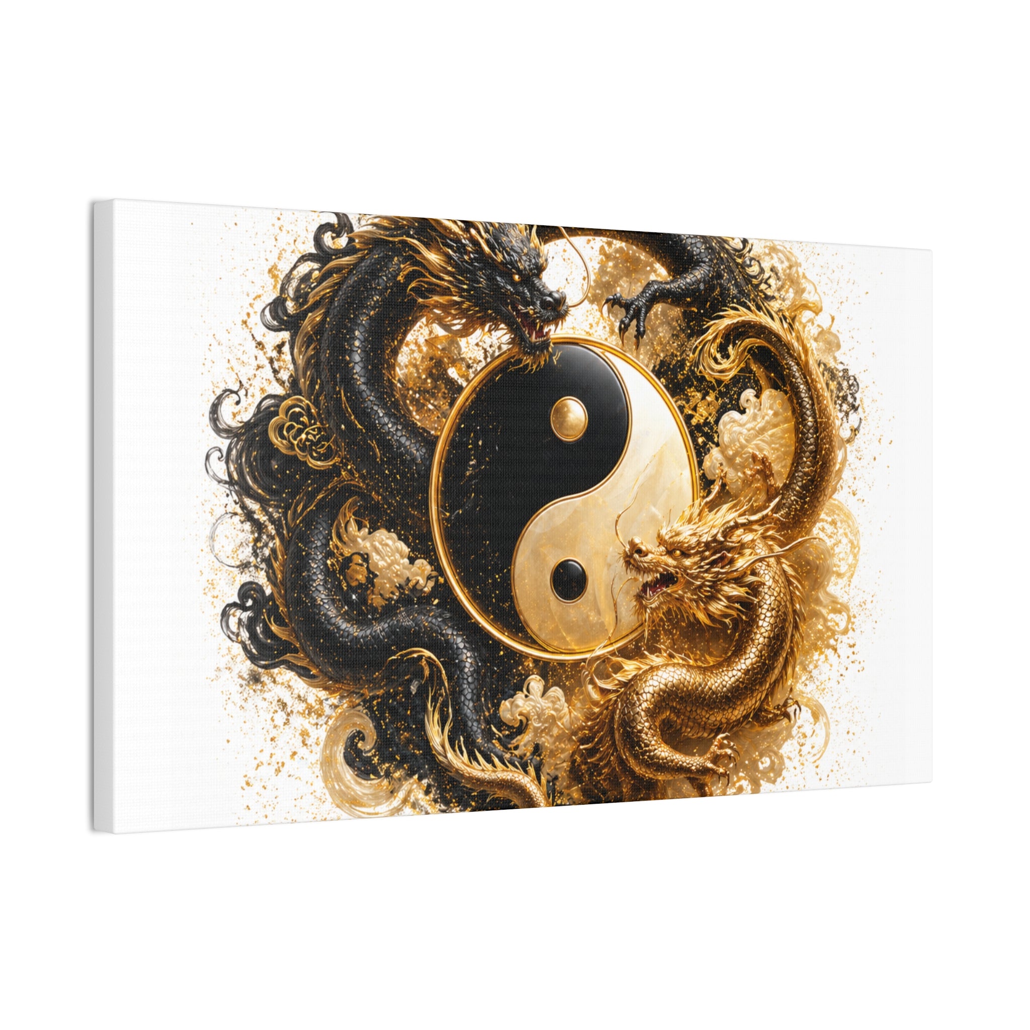 Yin Yang Dragons Canvas Wall Art — Gold & Black Chinese Dragon Print
