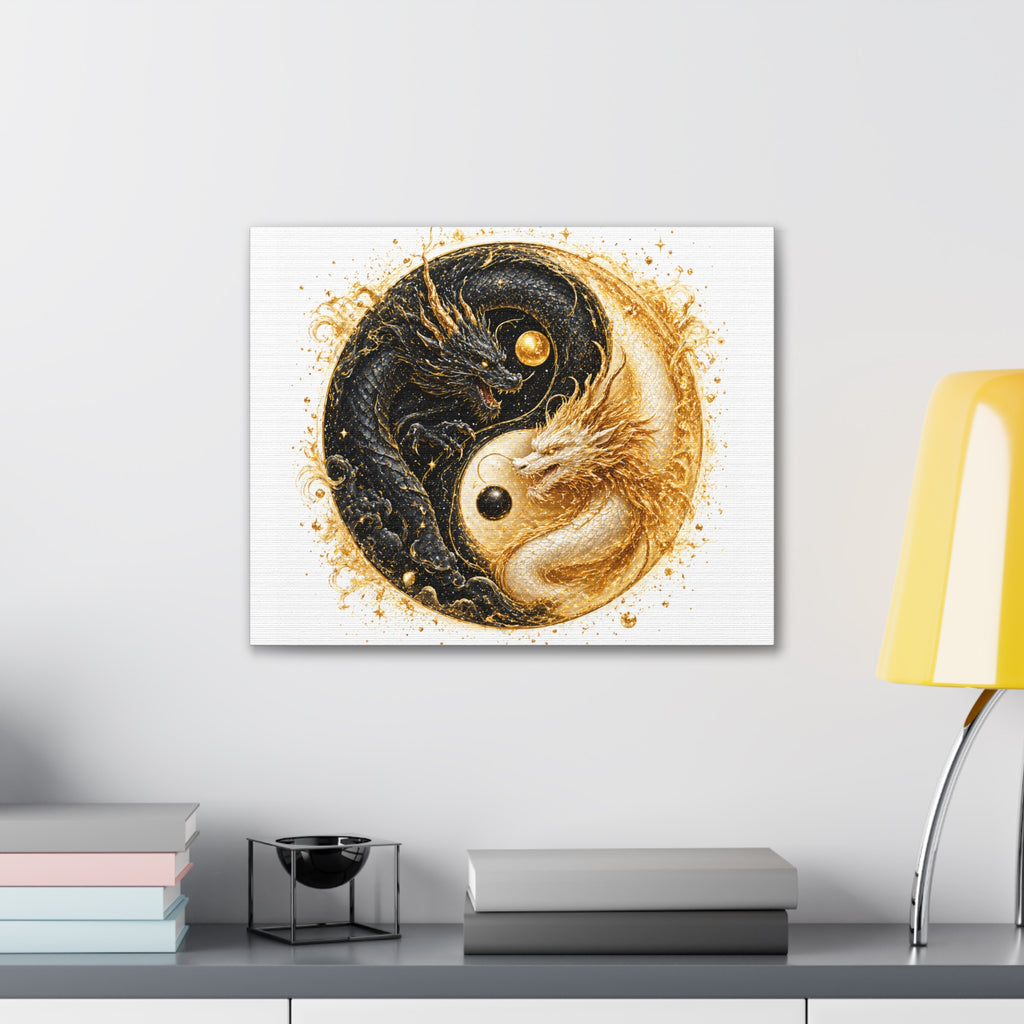 Yin Yang Dragon Canvas Print — Gold & Black Fantasy Wall Art