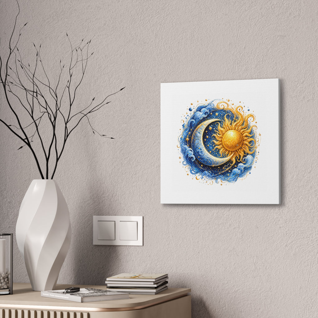 Sun and Moon Wall Art Canvas — Celestial Sun & Crescent Moon Stretched Canvas