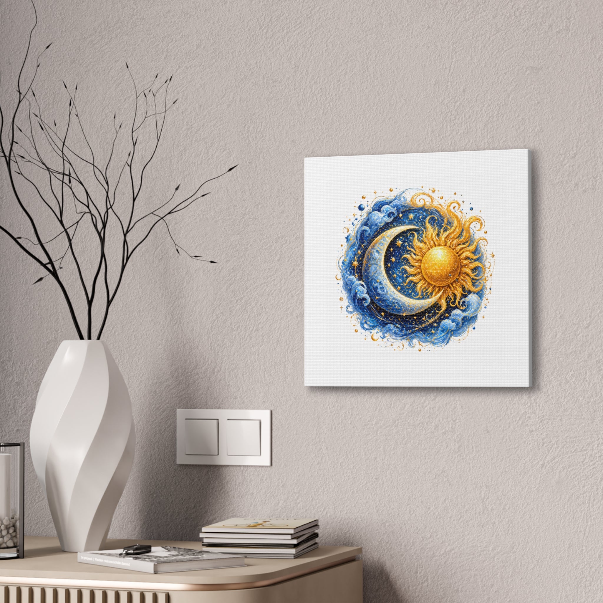 Sun and Moon Wall Art Canvas — Celestial Sun & Crescent Moon Stretched Canvas