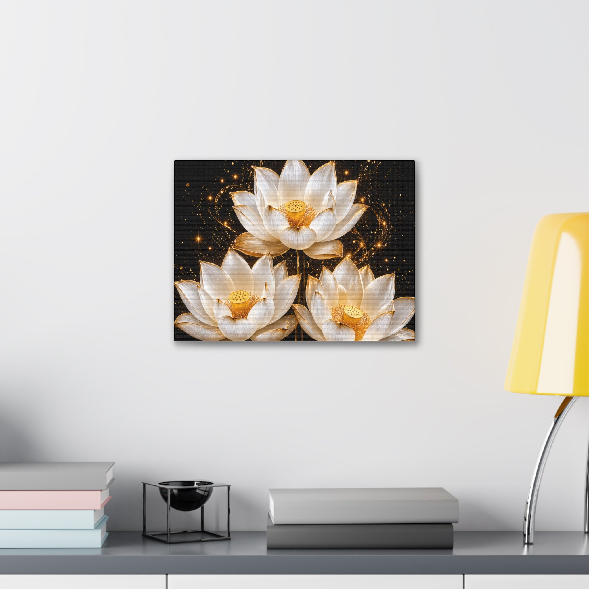 Gold and White Triple Lotus Floral Canvas Wall Art - Stretched 0.75"