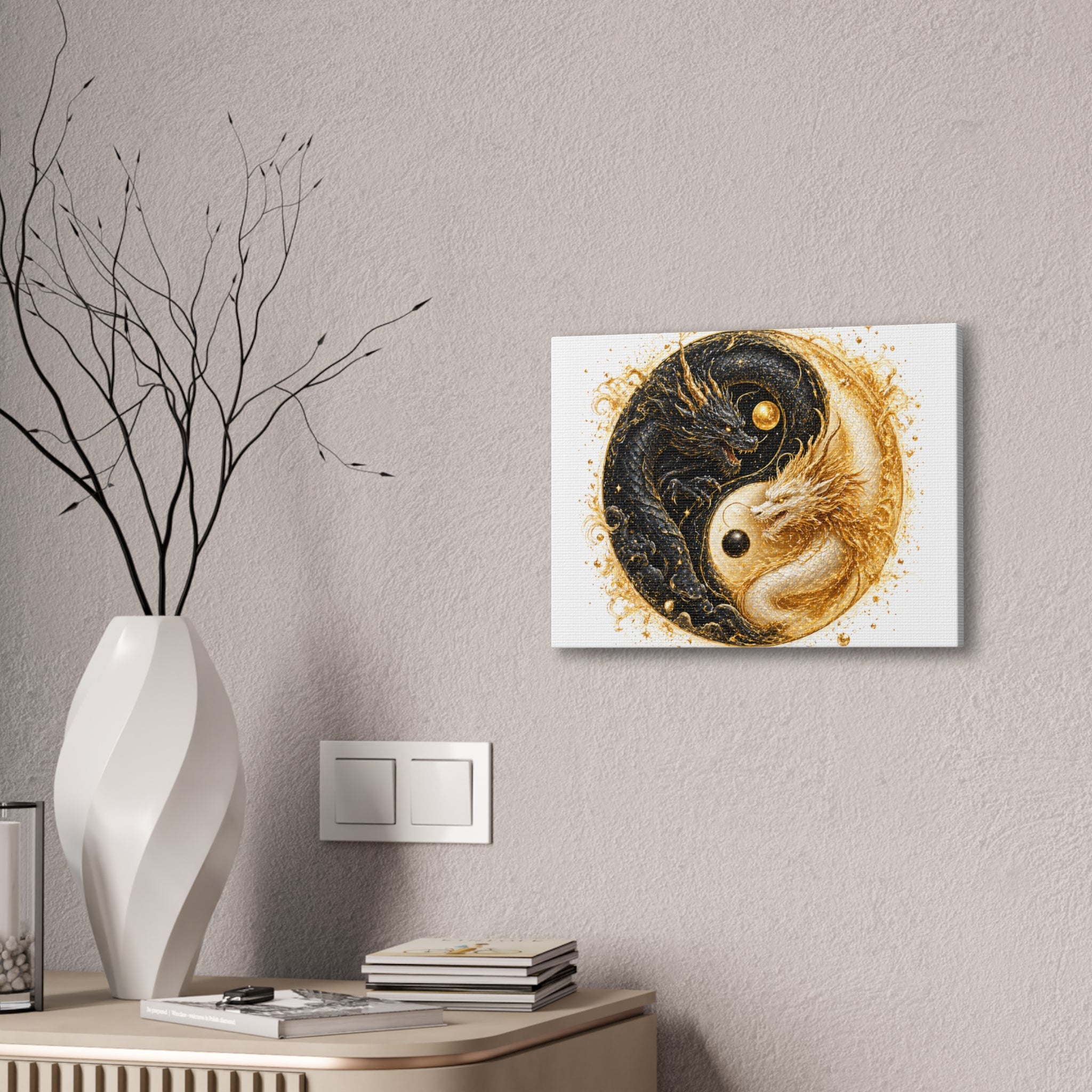 Yin Yang Dragon Canvas Print — Gold & Black Fantasy Wall Art