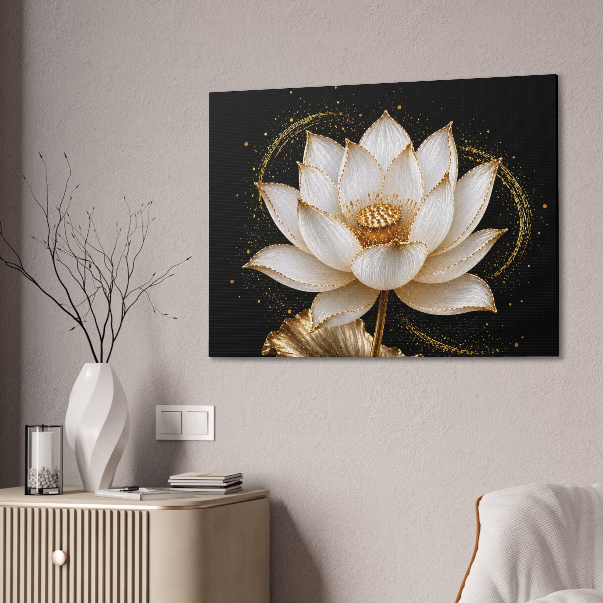 Gold Lotus Canvas Wall Art - Stretched Canvas Floral Print