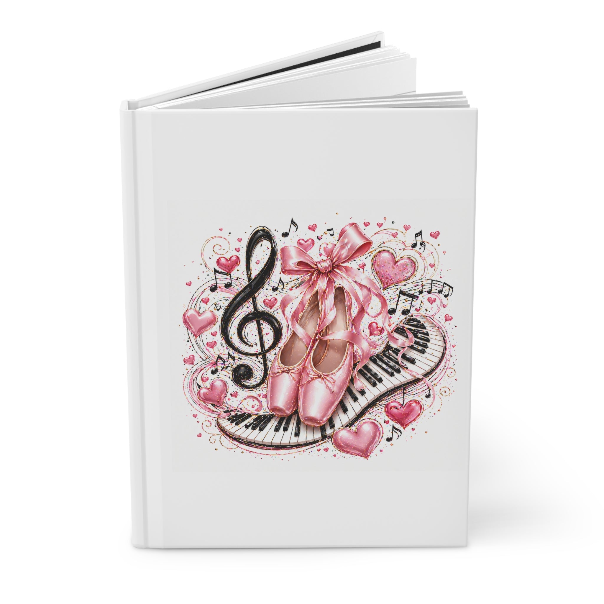 Ballet Music Journal — Pink Pointe Shoes, Treble Clef & Piano Notebook