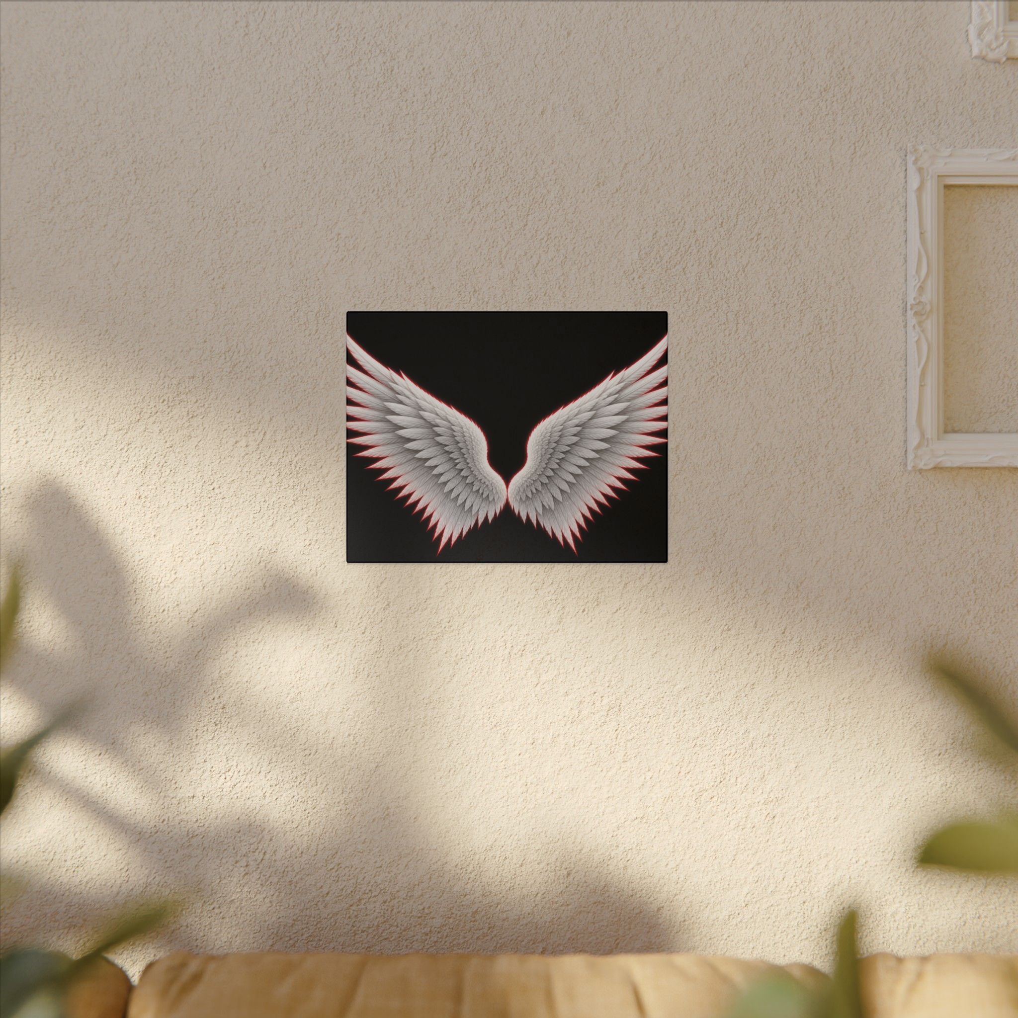 Angel Wings Wall Art Canvas — White Feather Wings on Black Matte Stretched Canvas